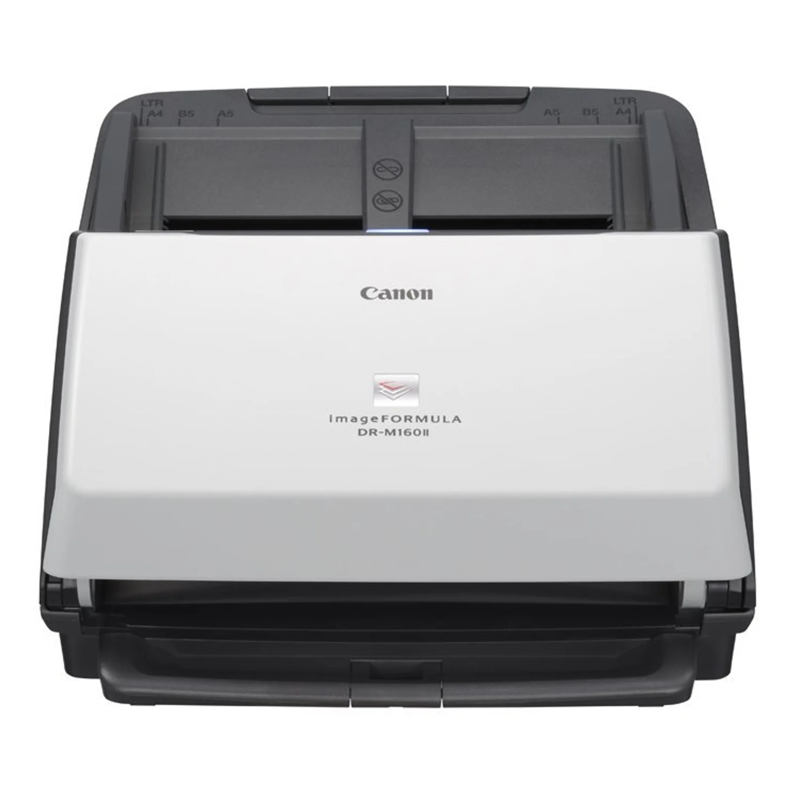 Vue de face du Canon DR-M160II avec capot blanc, logo imageFORMULA et bac d'alimentation ouvert