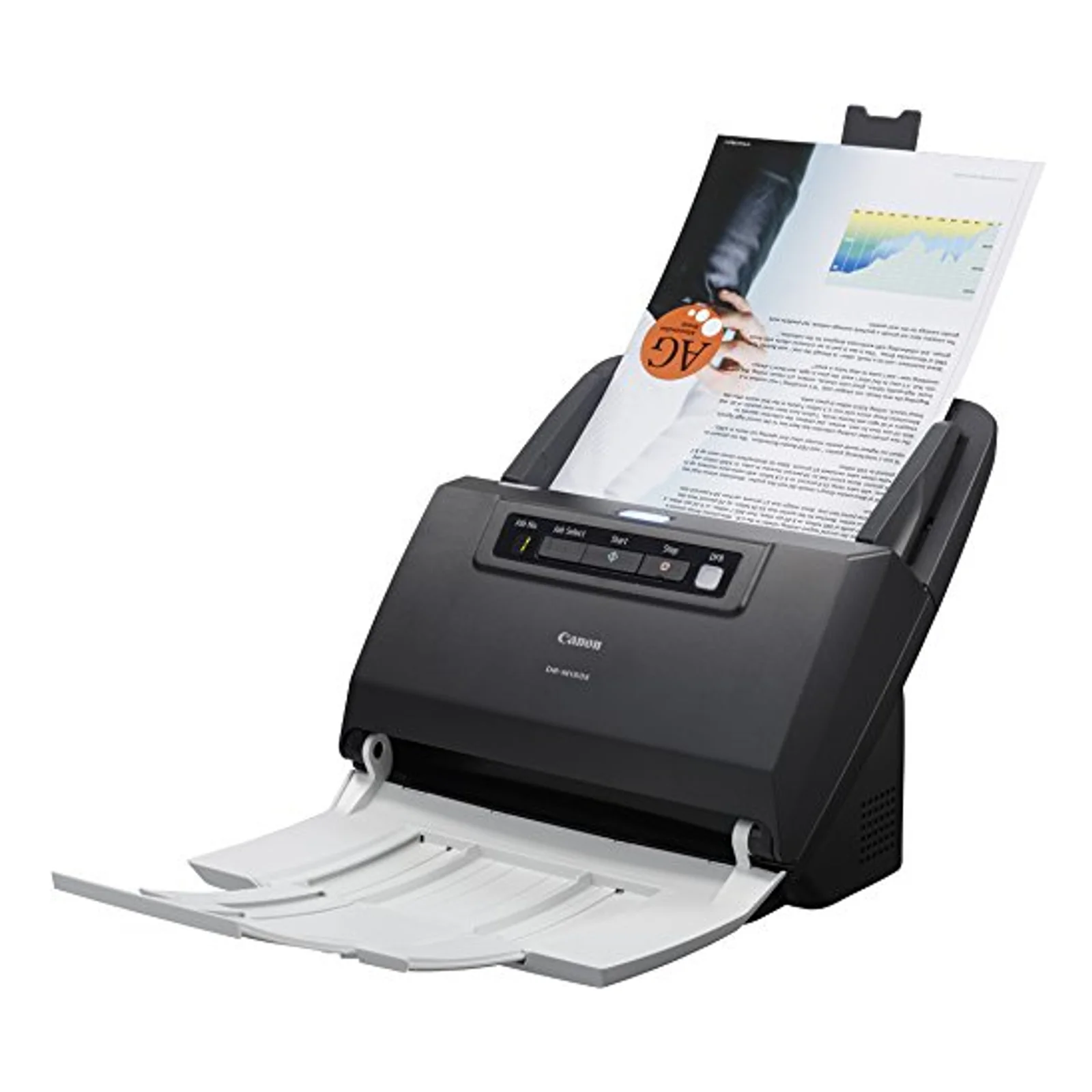 Canon DR-M160II vu de trois quarts numérisant un document avec graphique et photo, bac de sortie déployé