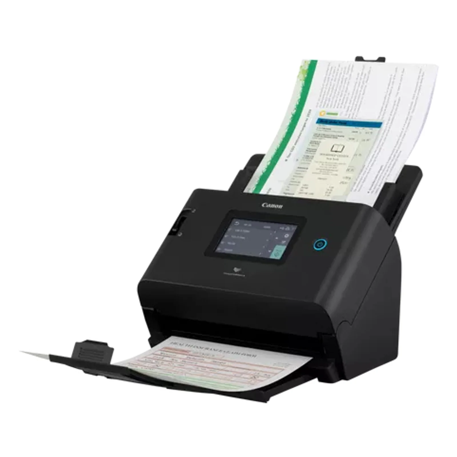 Scanner Canon DR-S350NW de trois quarts en cours de numérisation, document chargé dans l'ADF et formulaire éjecté en sortie