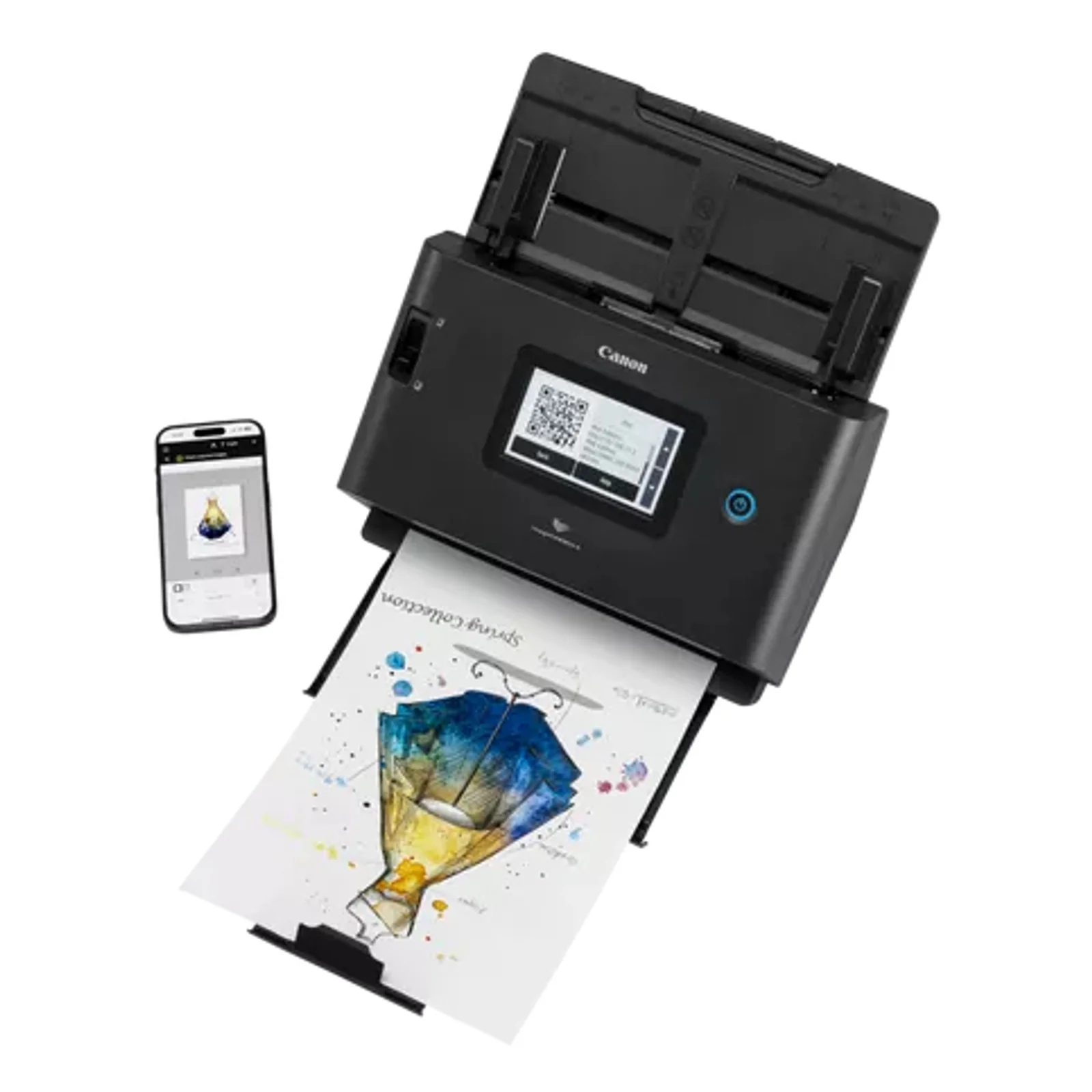 Scanner Canon DR-S350NW vu du dessus avec smartphone et illustration aquarelle numérisée, écran affichant un QR code de connexion