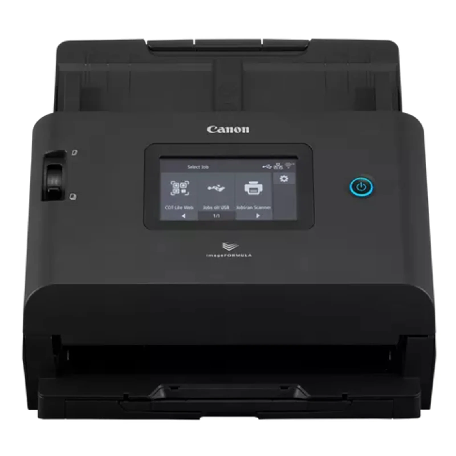 Scanner Canon DR-S350NW de face, ADF replié, écran tactile affichant le menu Select Job avec icônes QR, USB et imprimante
