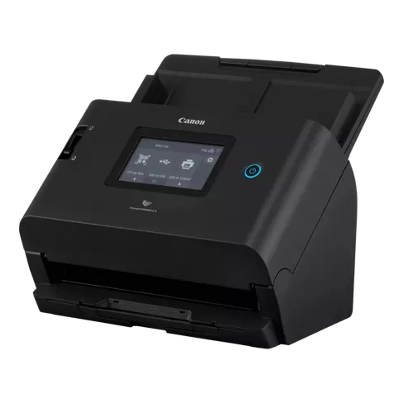 Scanner Canon DR-S350NW de trois quarts, ADF replié, vue d'ensemble du boîtier noir compact et du panneau de commande