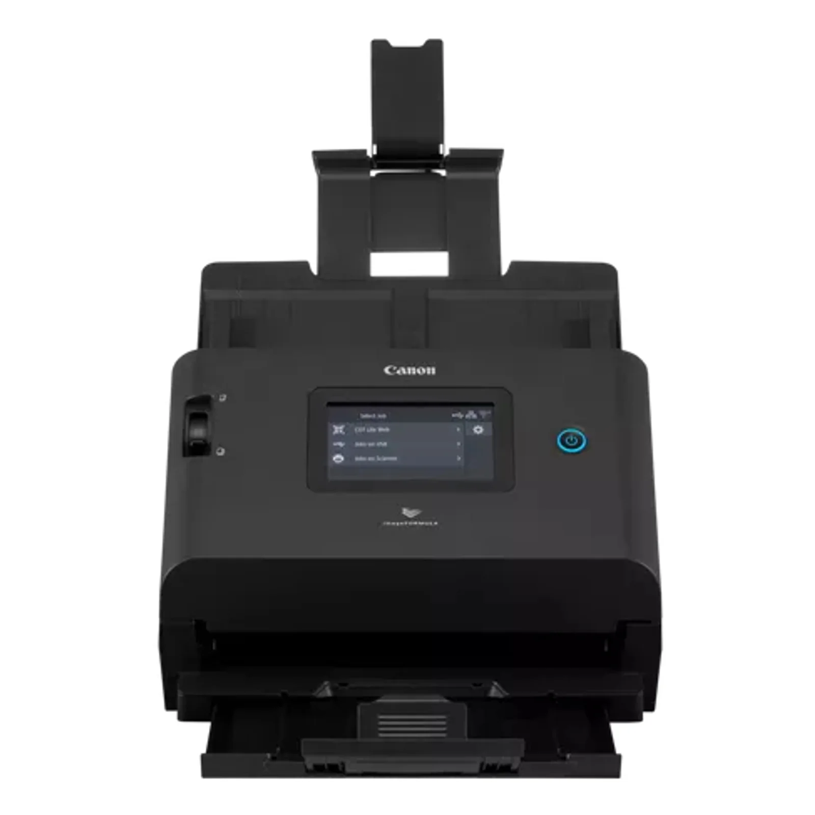 Scanner Canon DR-S350NW de face avec rallonge du chargeur ADF déployée et écran tactile en mode Select Job