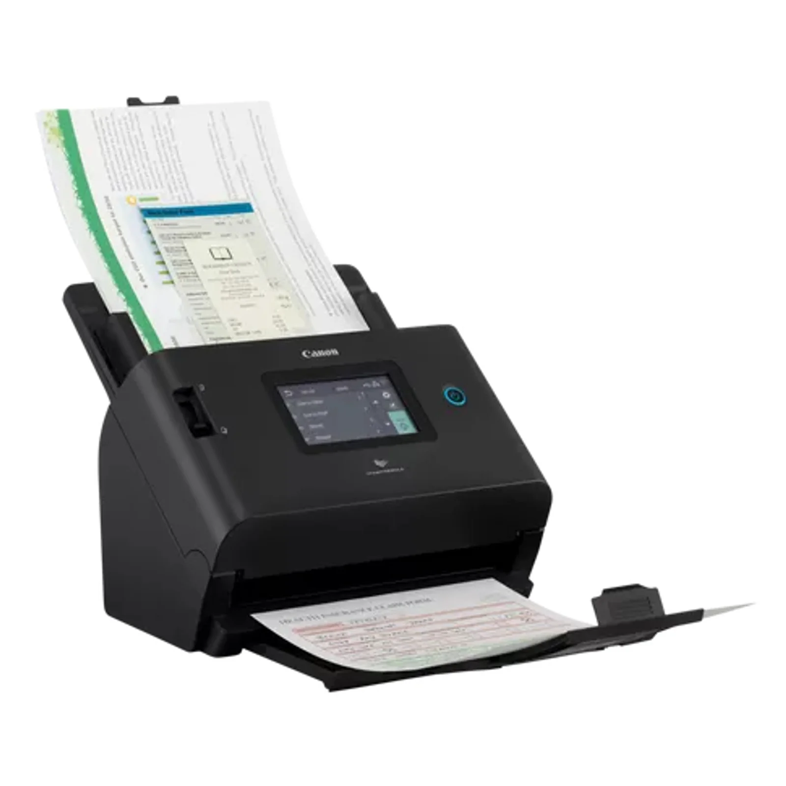 Scanner Canon DR-S350NW de trois quarts en pleine numérisation, document A4 dans l'ADF et formulaire d'assurance en sortie