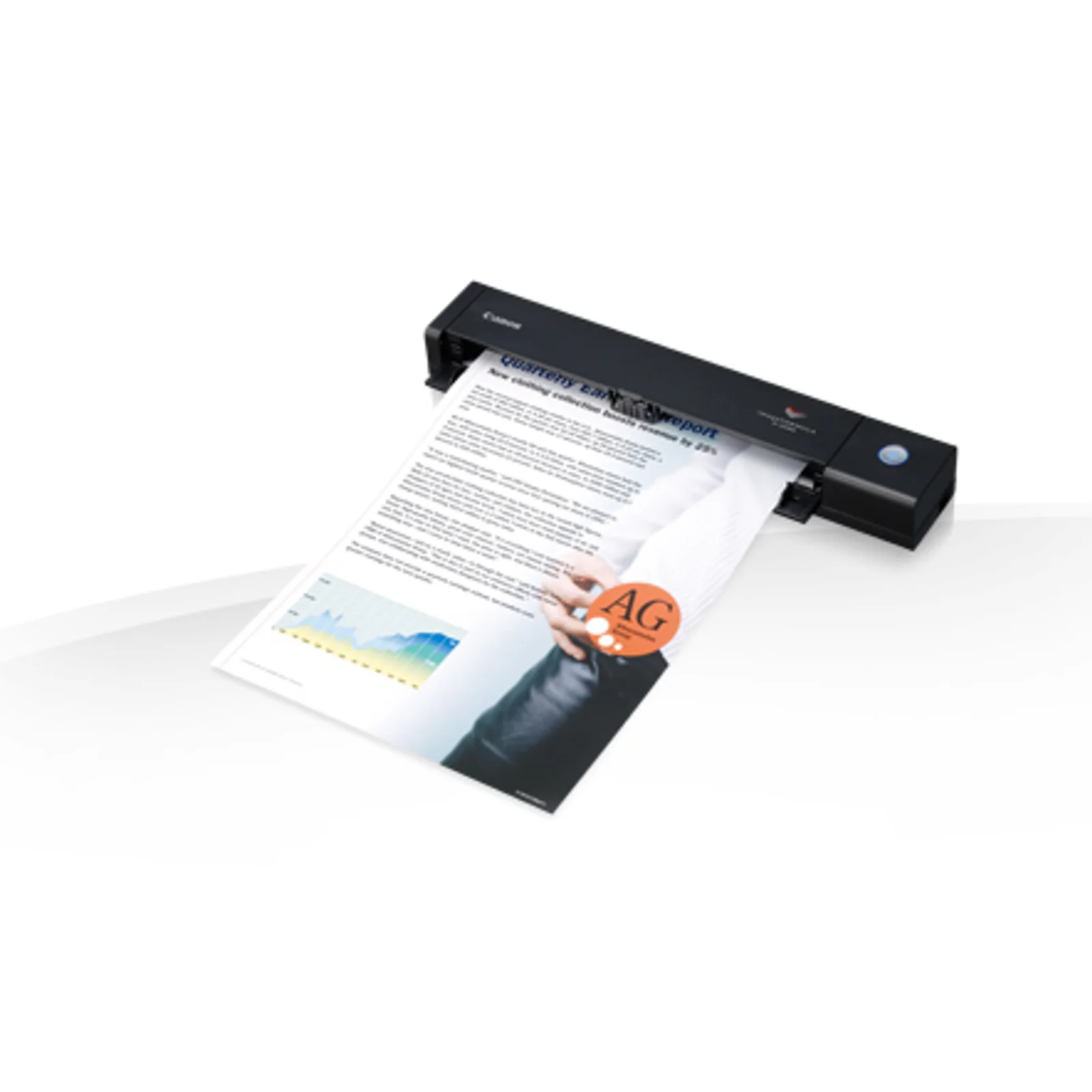 Scanner Canon P-208II ouvert avec un document A4 illustré inséré dans la fente de numérisation