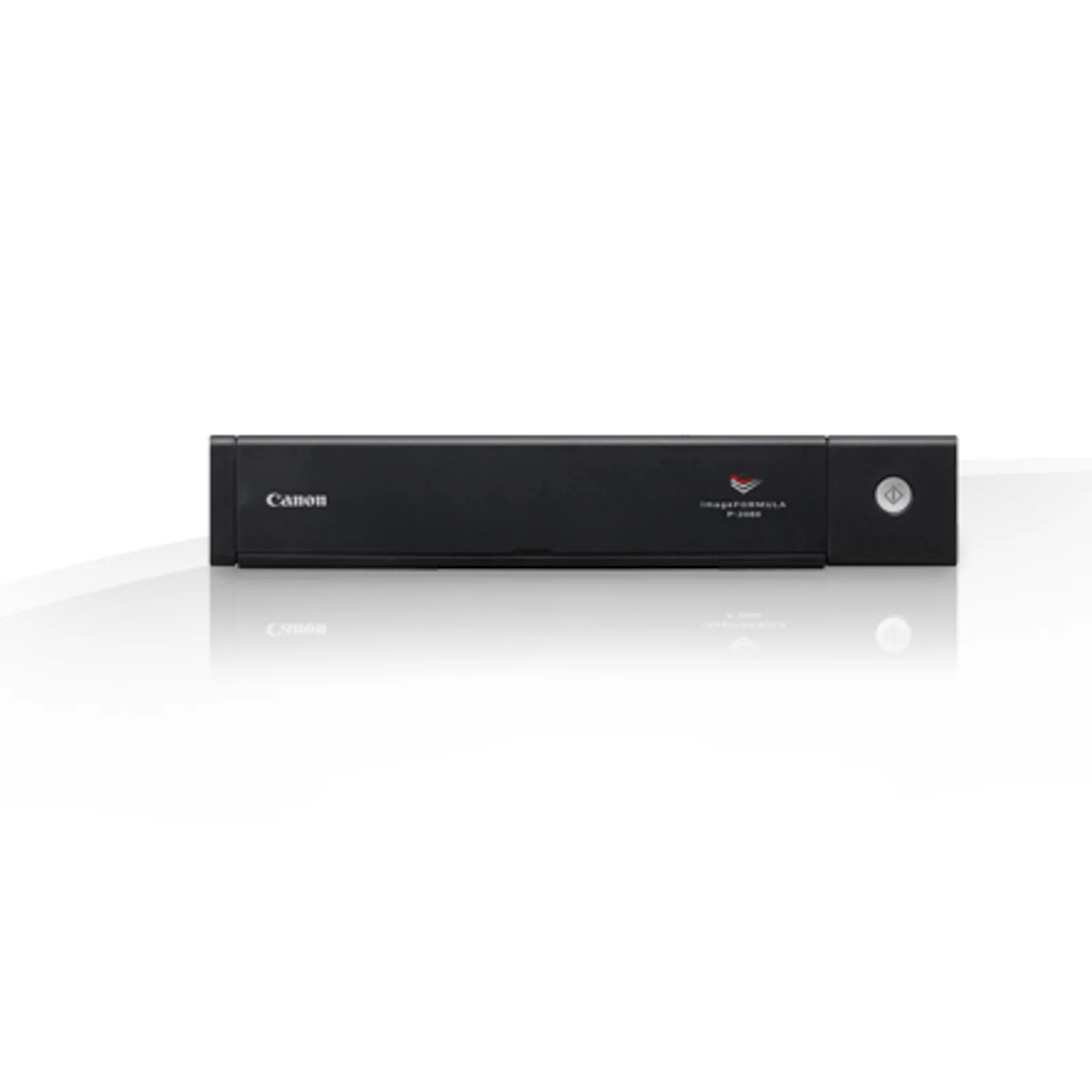 Scanner portable Canon P-208II posé à plat de face, capot ouvert montrant la fente d'alimentation