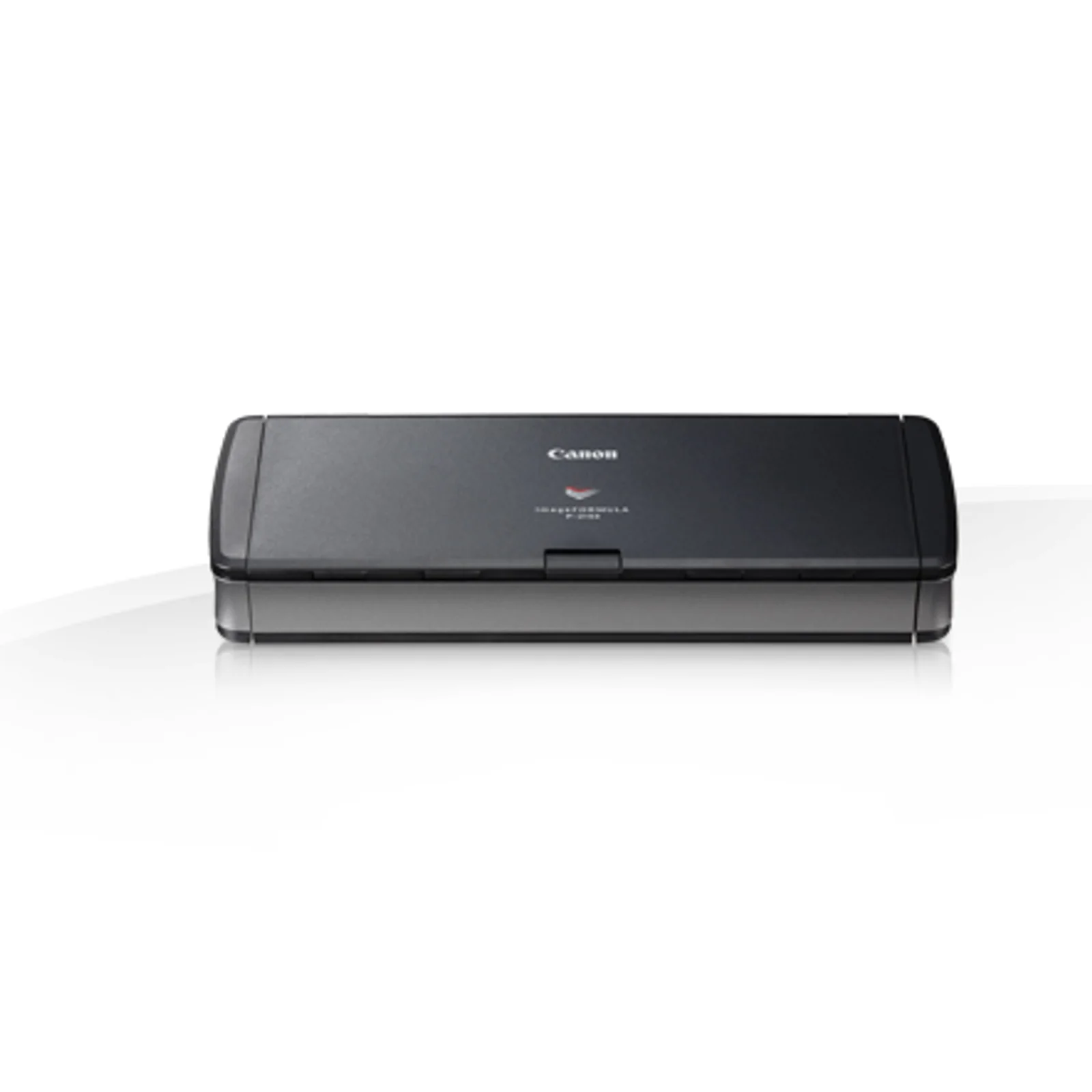 Scanner portable Canon imageFORMULA P-215II fermé, vue de face, capot noir avec logo Canon.