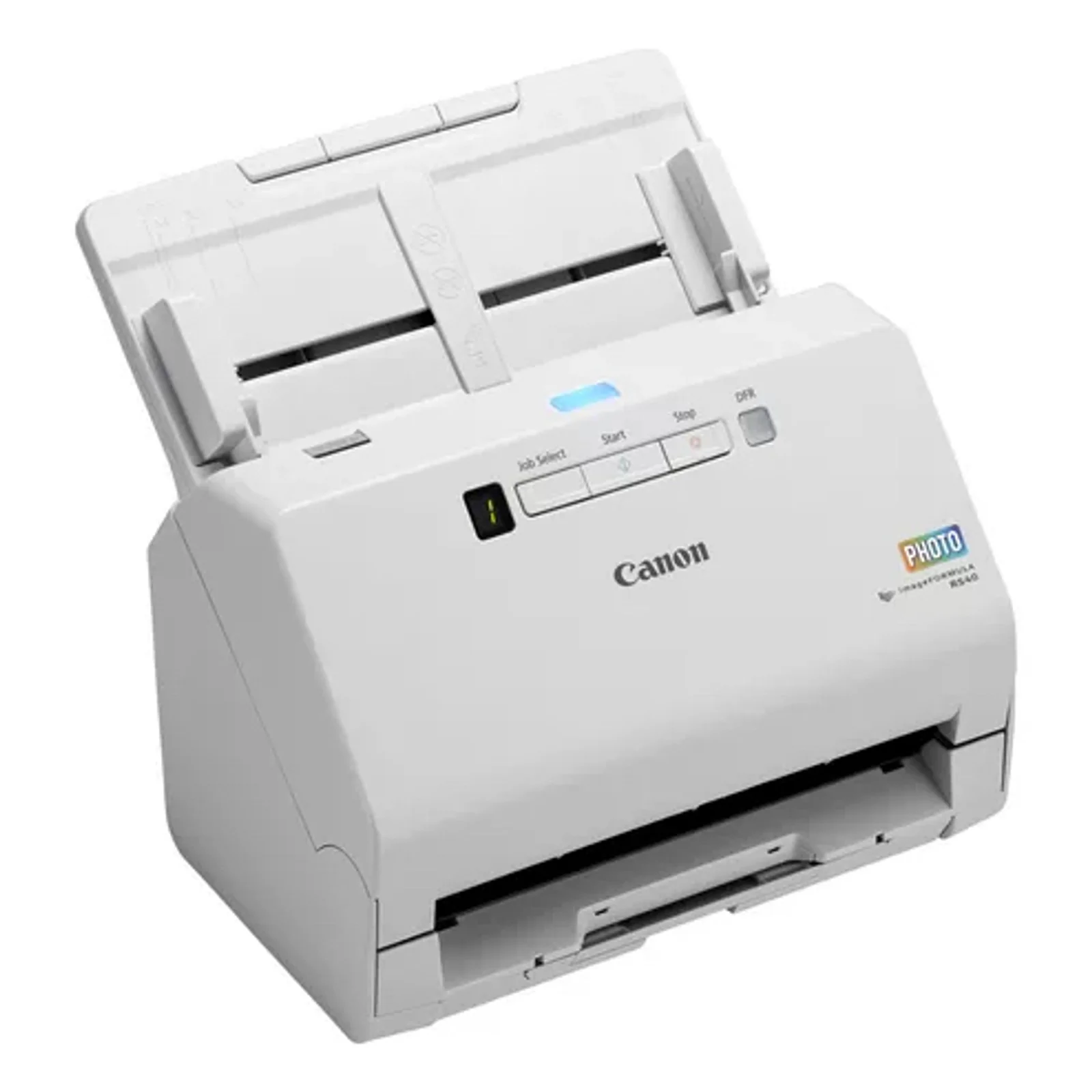 Canon RS40 vu en perspective trois quarts avec extension du chargeur dépliée pour les documents longs