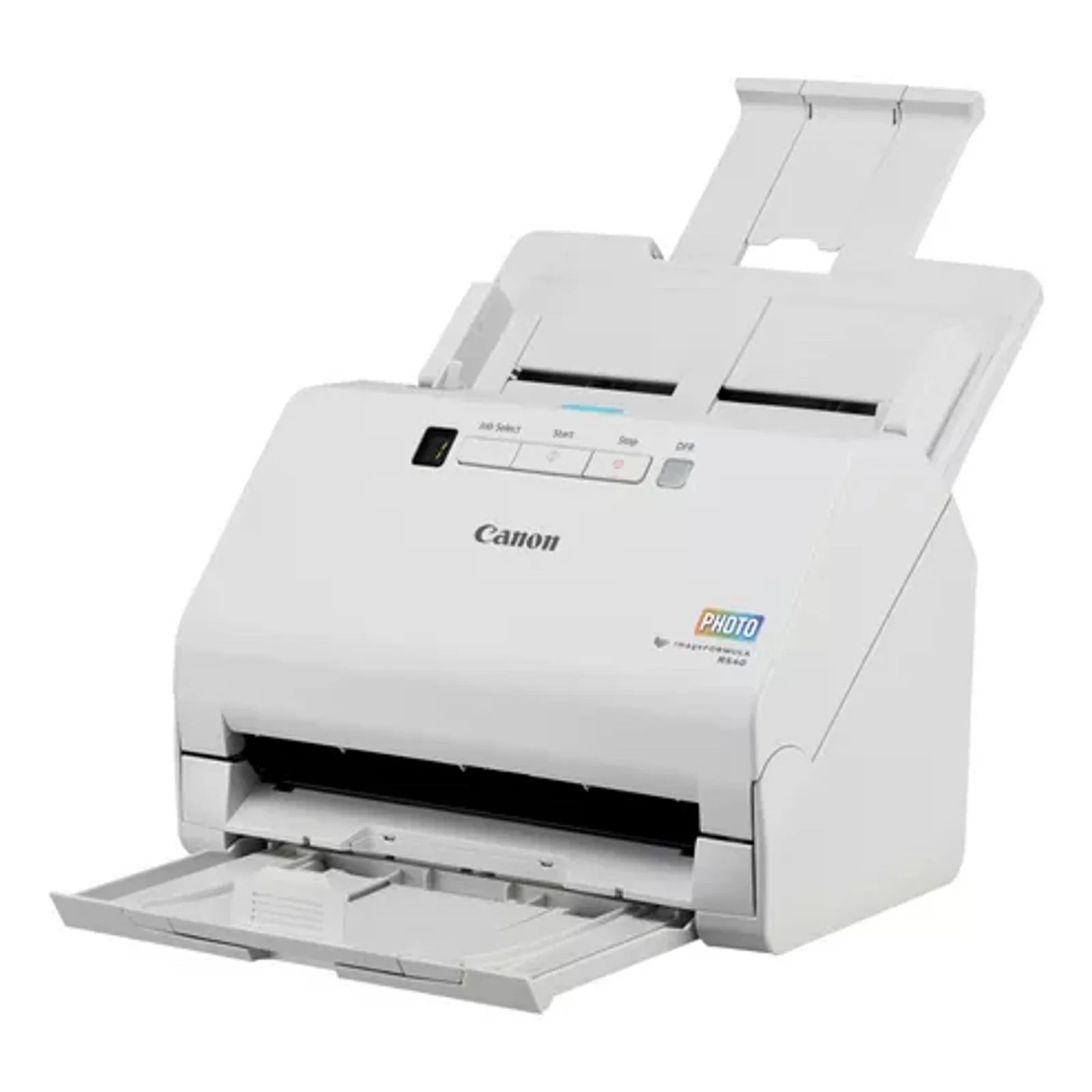 Canon RS40 vu trois quarts avec bac de sortie dépliée prêt à recevoir les documents et photos numérisés