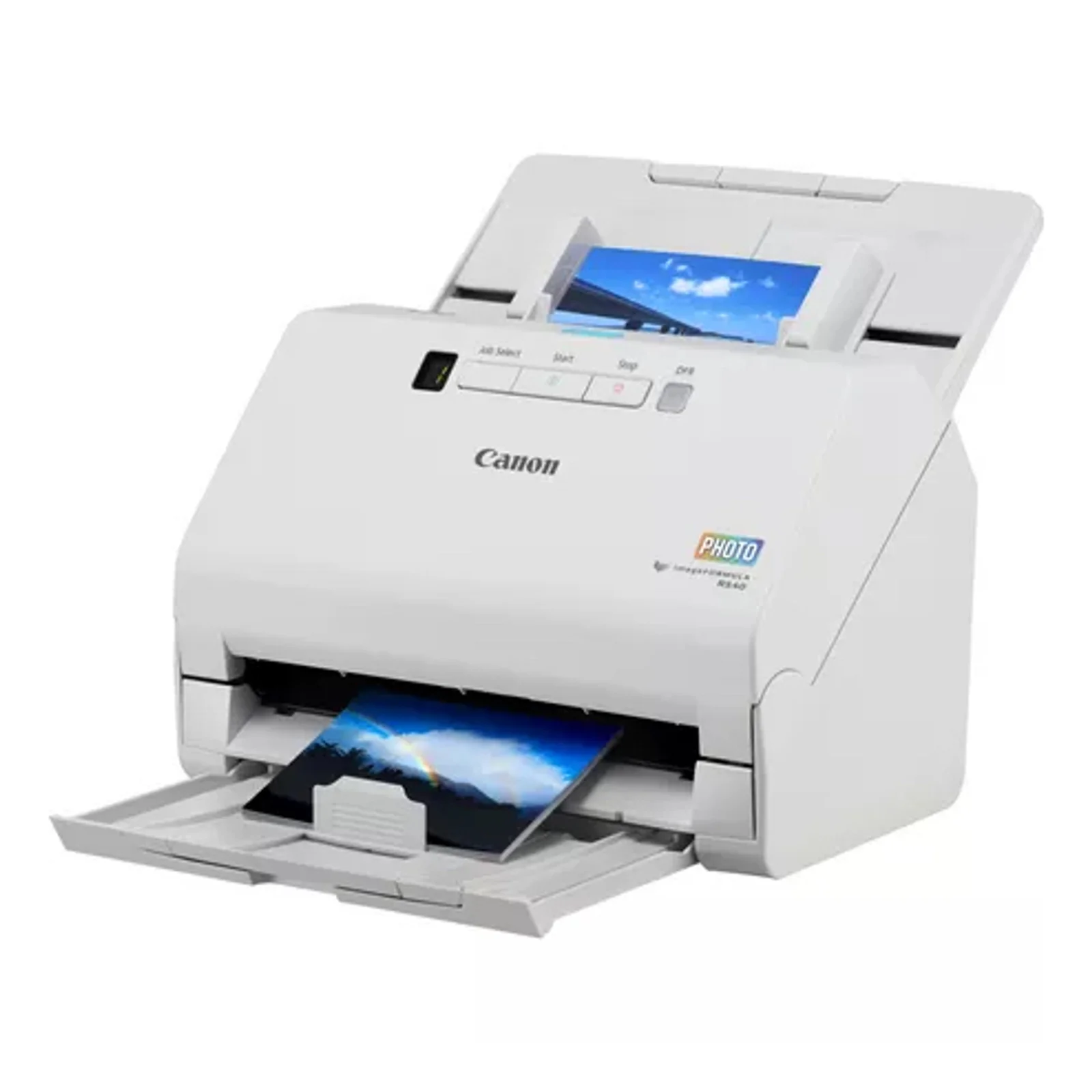 Scanner RS40 en train de numériser une photo paysage la photo entre par le chargeur et ressort en sortie