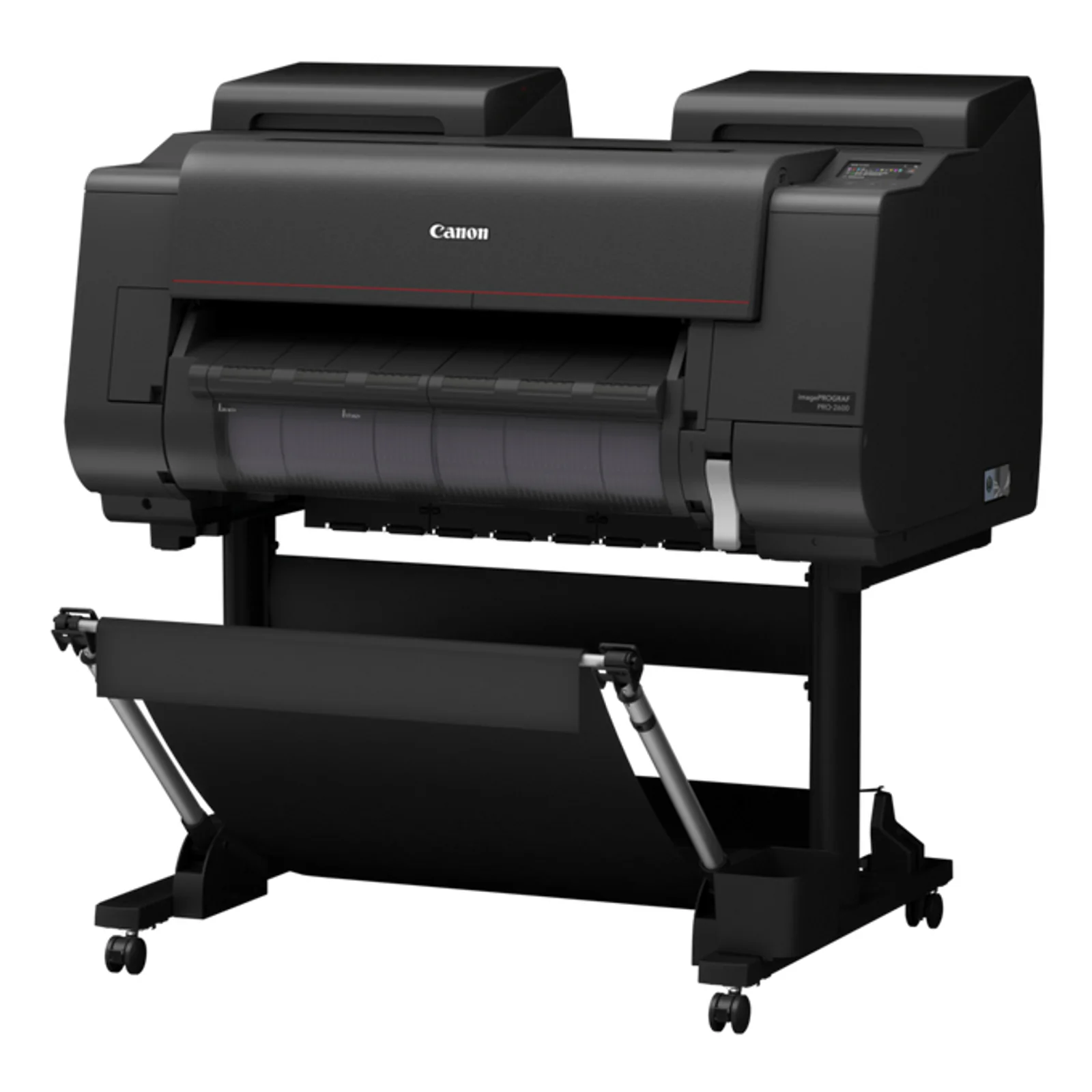 Vue trois quarts du Canon PRO-2600 noir avec écran de contrôle latéral et bandeau rouge