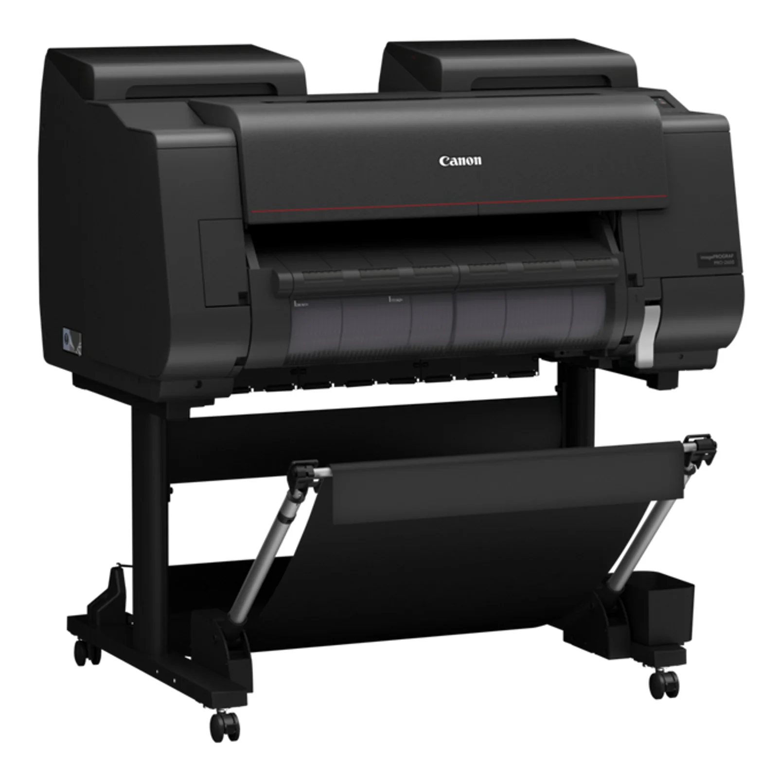 Canon imagePROGRAF PRO-2600 vu de trois quarts opposé, logo et corbeille à panier