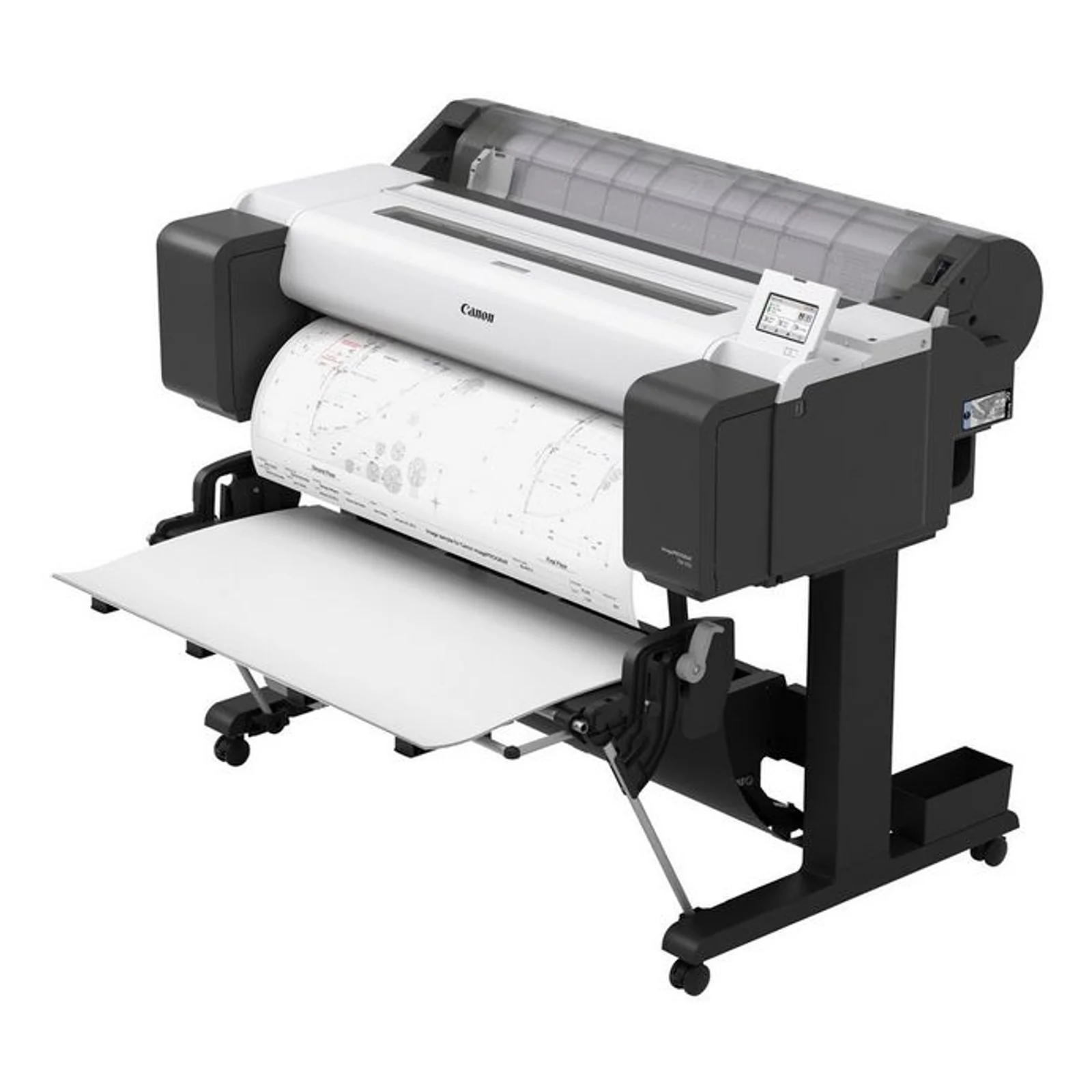 Canon TM-350 en cours d'impression d'un plan A0 sur rouleau, panier ouvert
