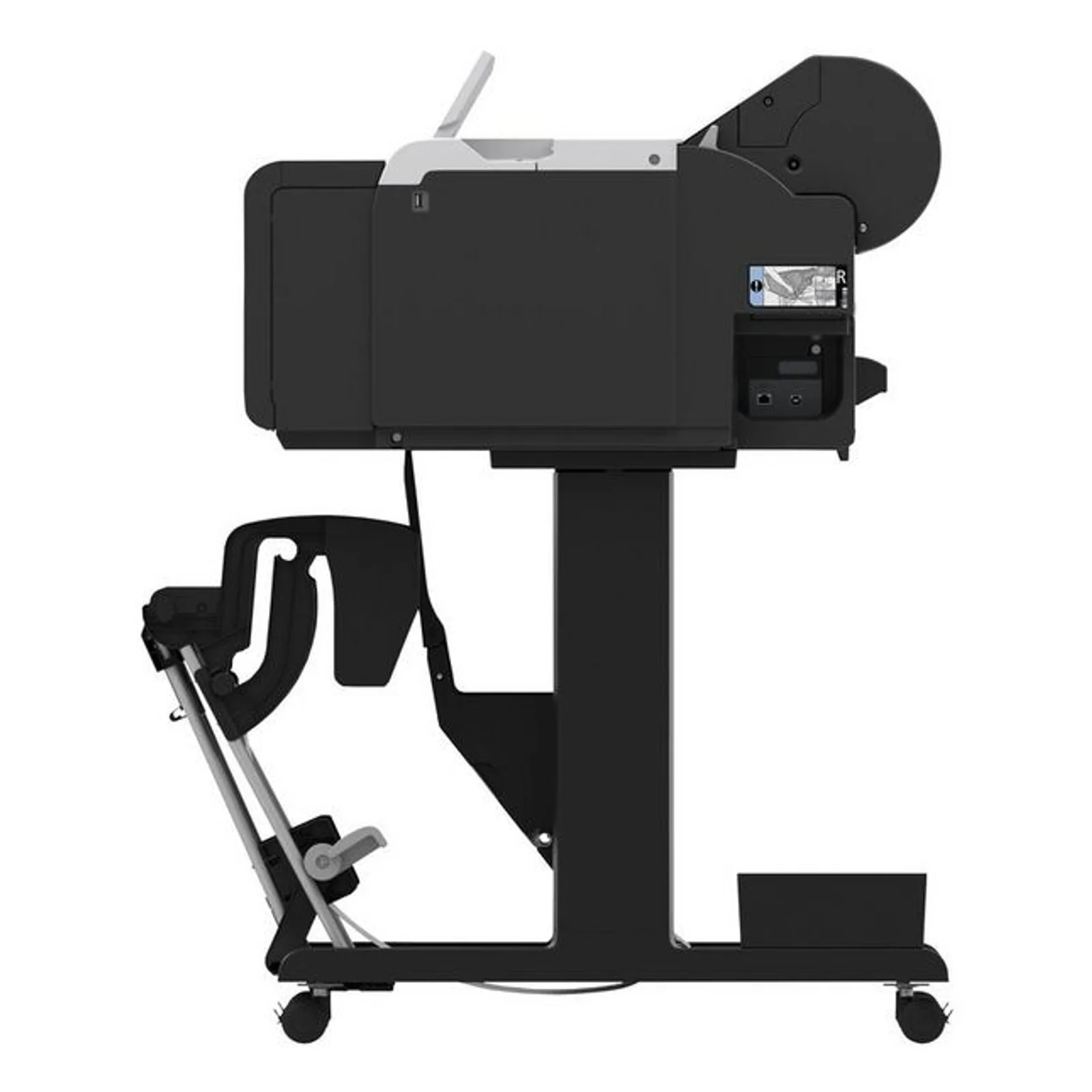Vue latérale de la Canon imagePROGRAF TM-350 sur son support à roulettes