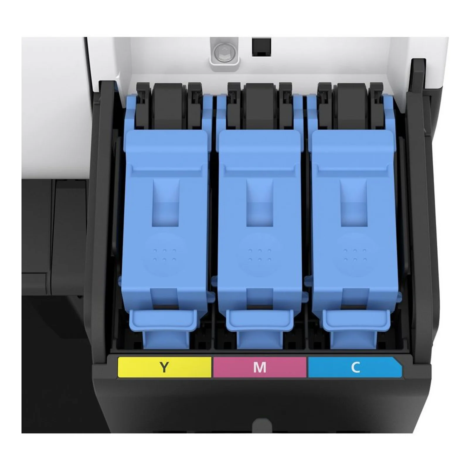 Trois cartouches d'encre Canon couleurs jaune magenta cyan installées dans la TM-350