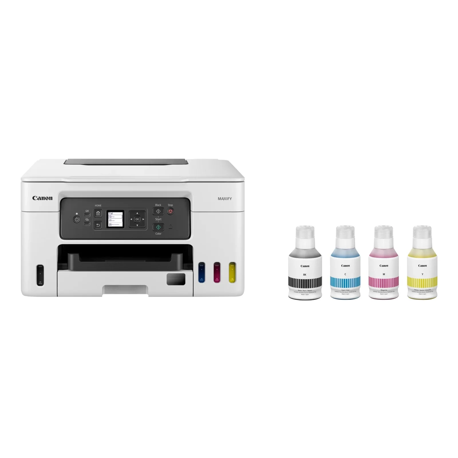 MAXIFY GX3050 présentée avec ses quatre bouteilles d'encre Canon GI noir cyan magenta et jaune