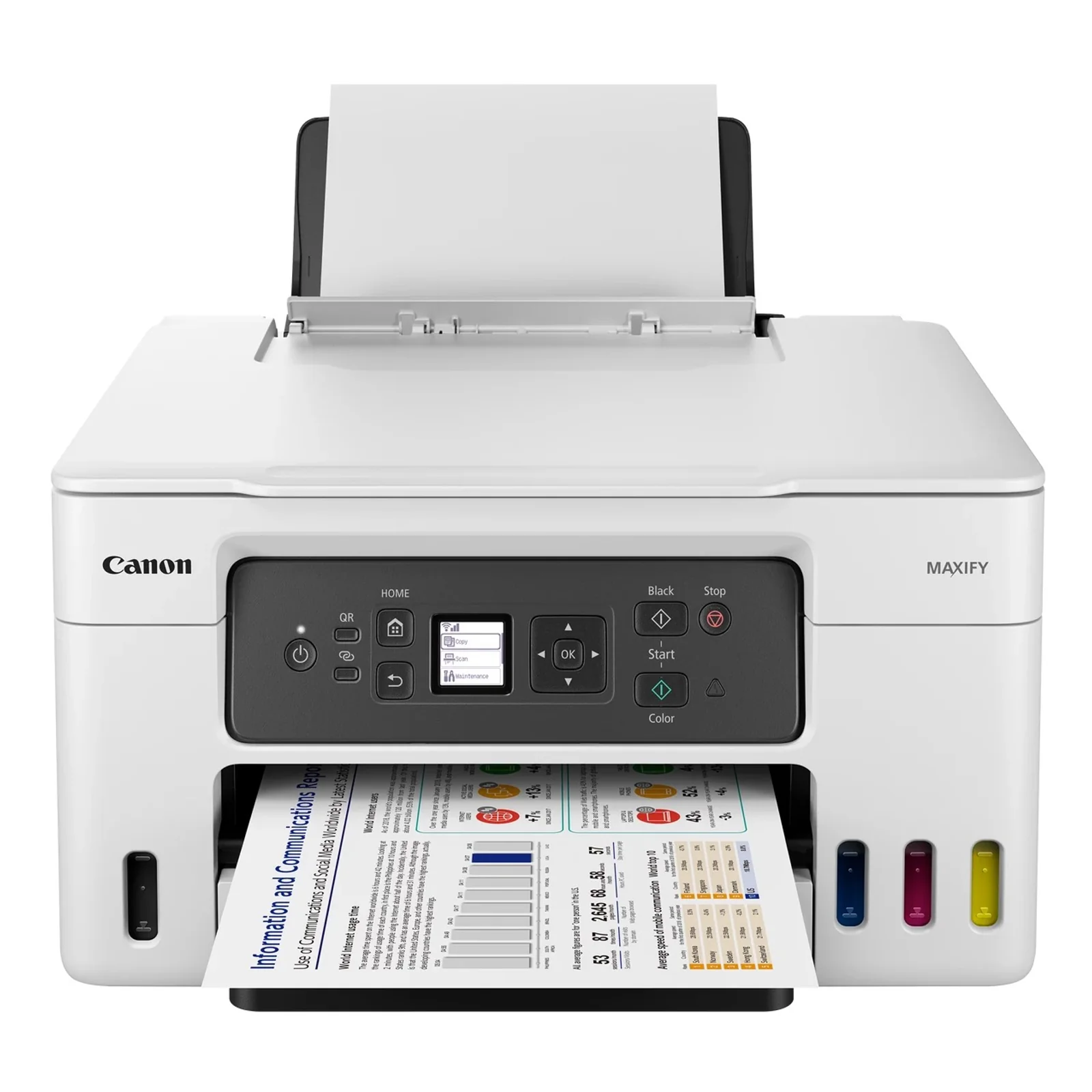 Vue frontale de la MAXIFY GX3050 avec rapport imprimé en couleur sortant du bac avant