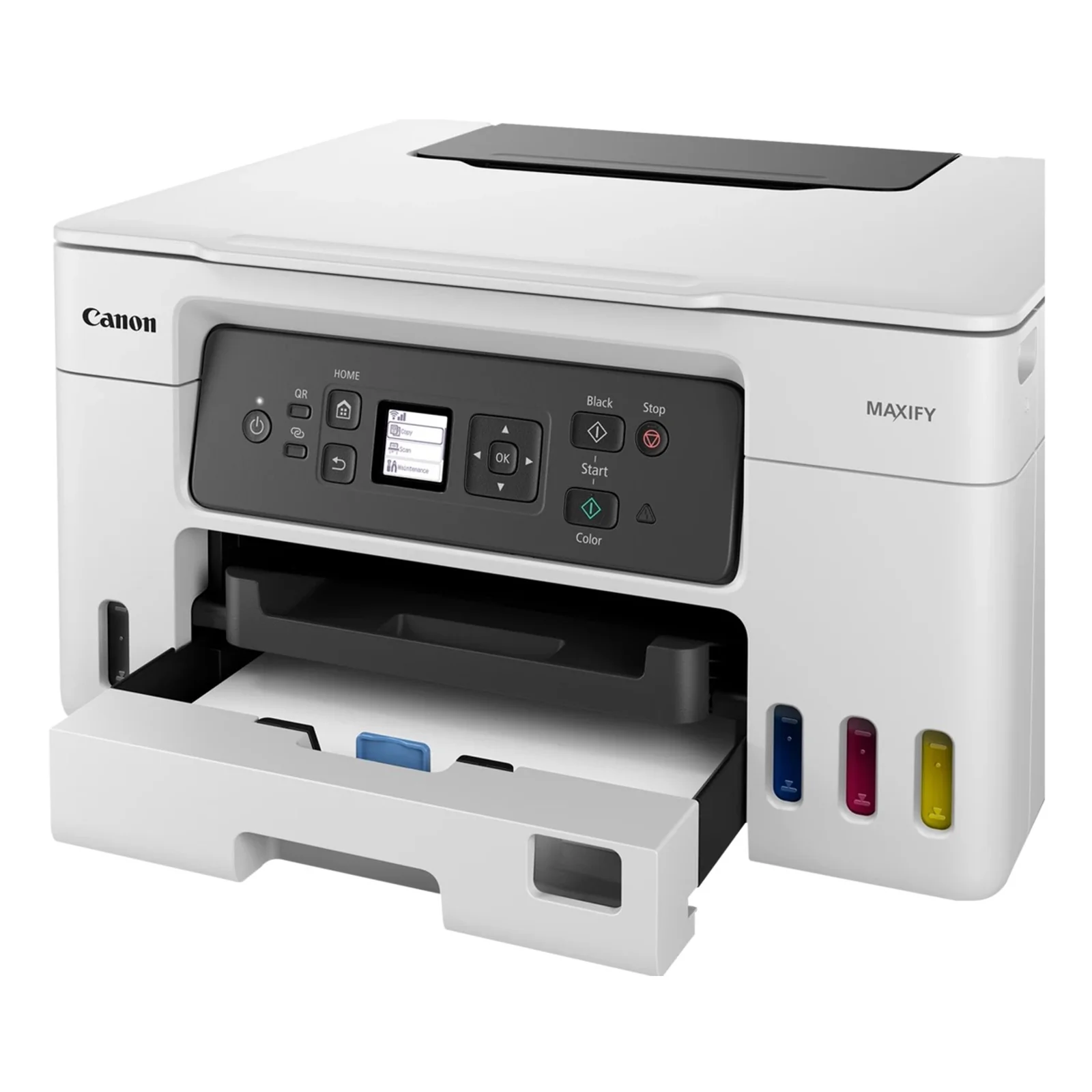 MAXIFY GX3050 vue de trois quarts avec le bac à papier inférieur ouvert et chargé