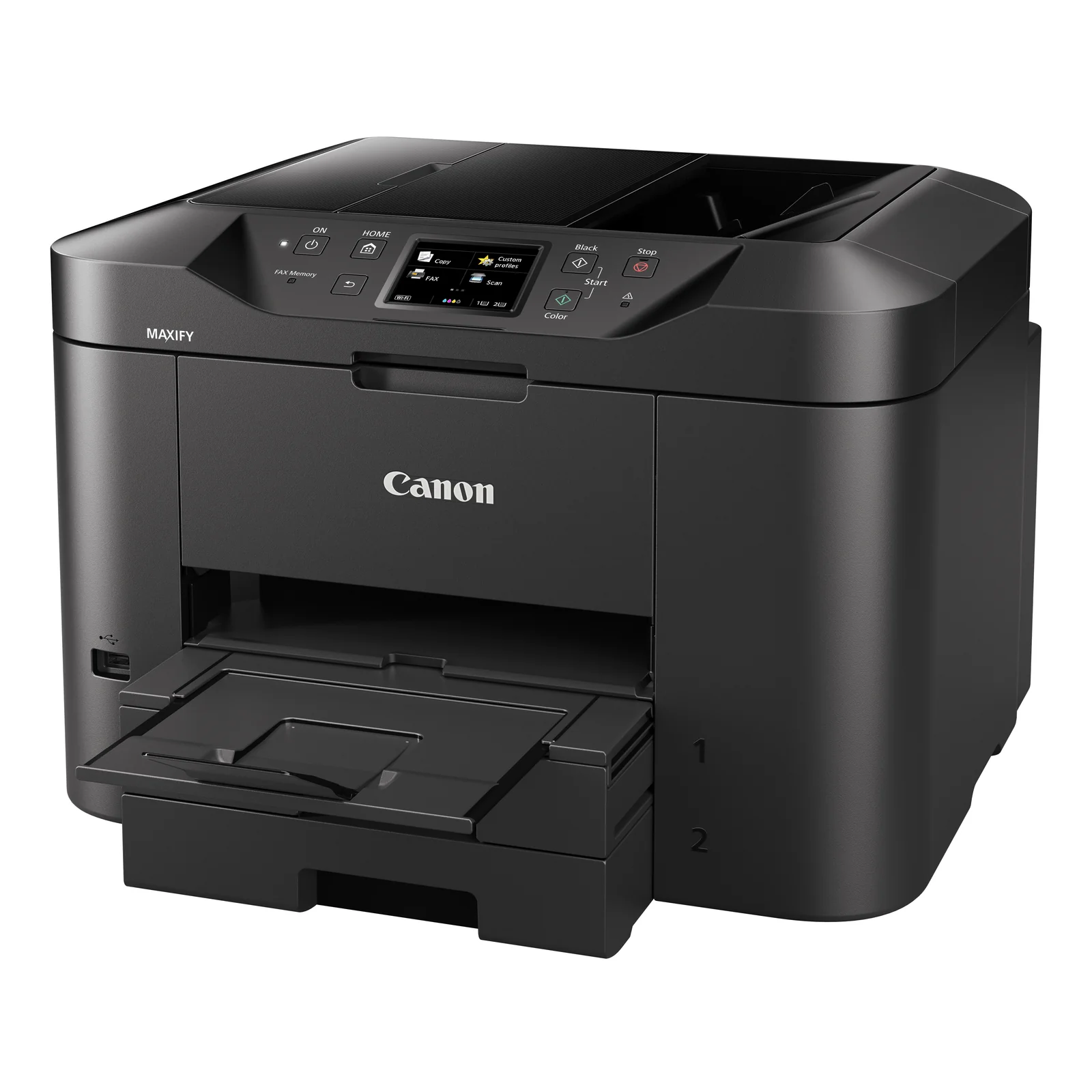 Canon MAXIFY MB2750 vu en perspective trois quarts gauche avec bac de sortie déployé et façade noire mate