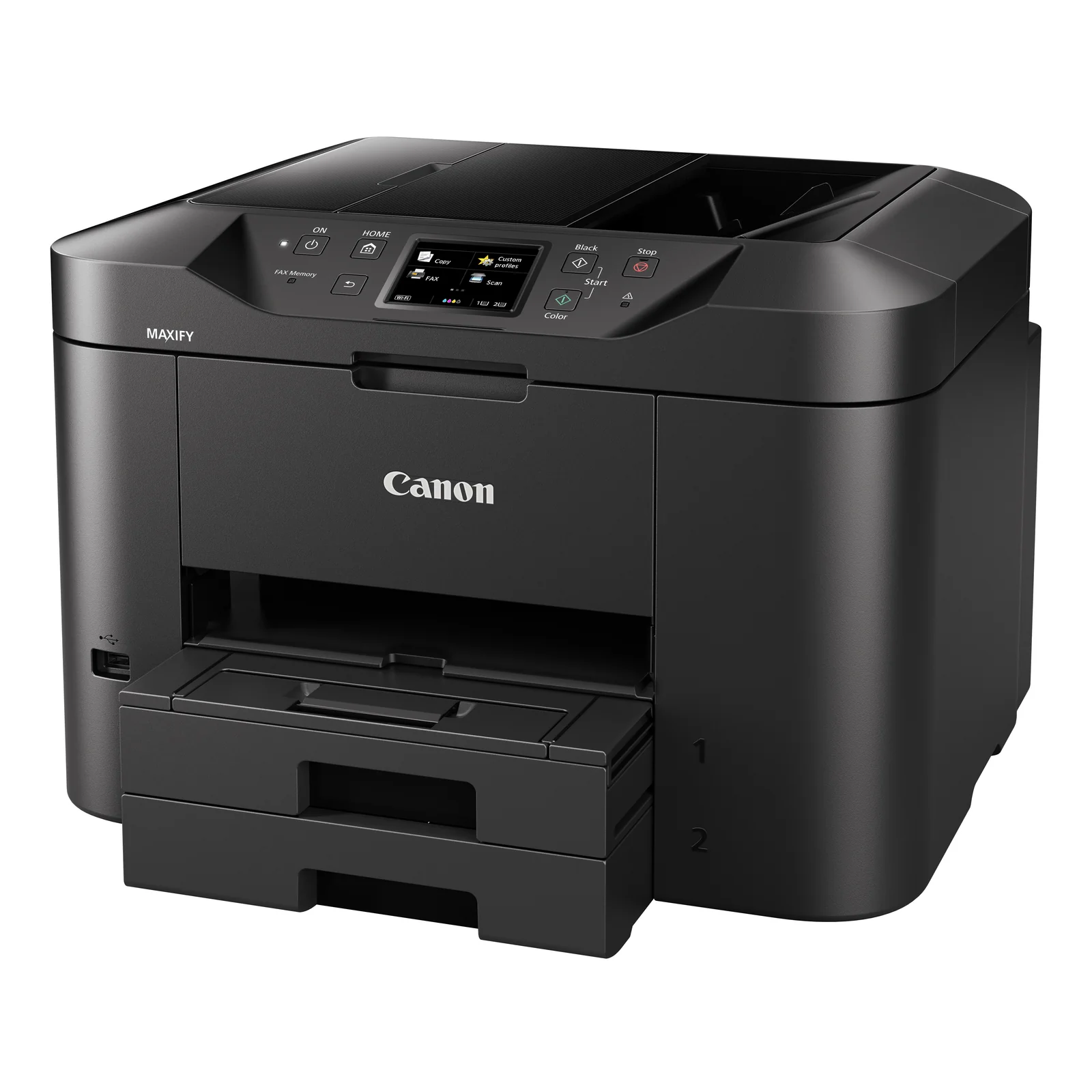 Canon MAXIFY MB2750 noir en perspective trois quarts gauche, ports USB hôte visibles sur le flanc avant