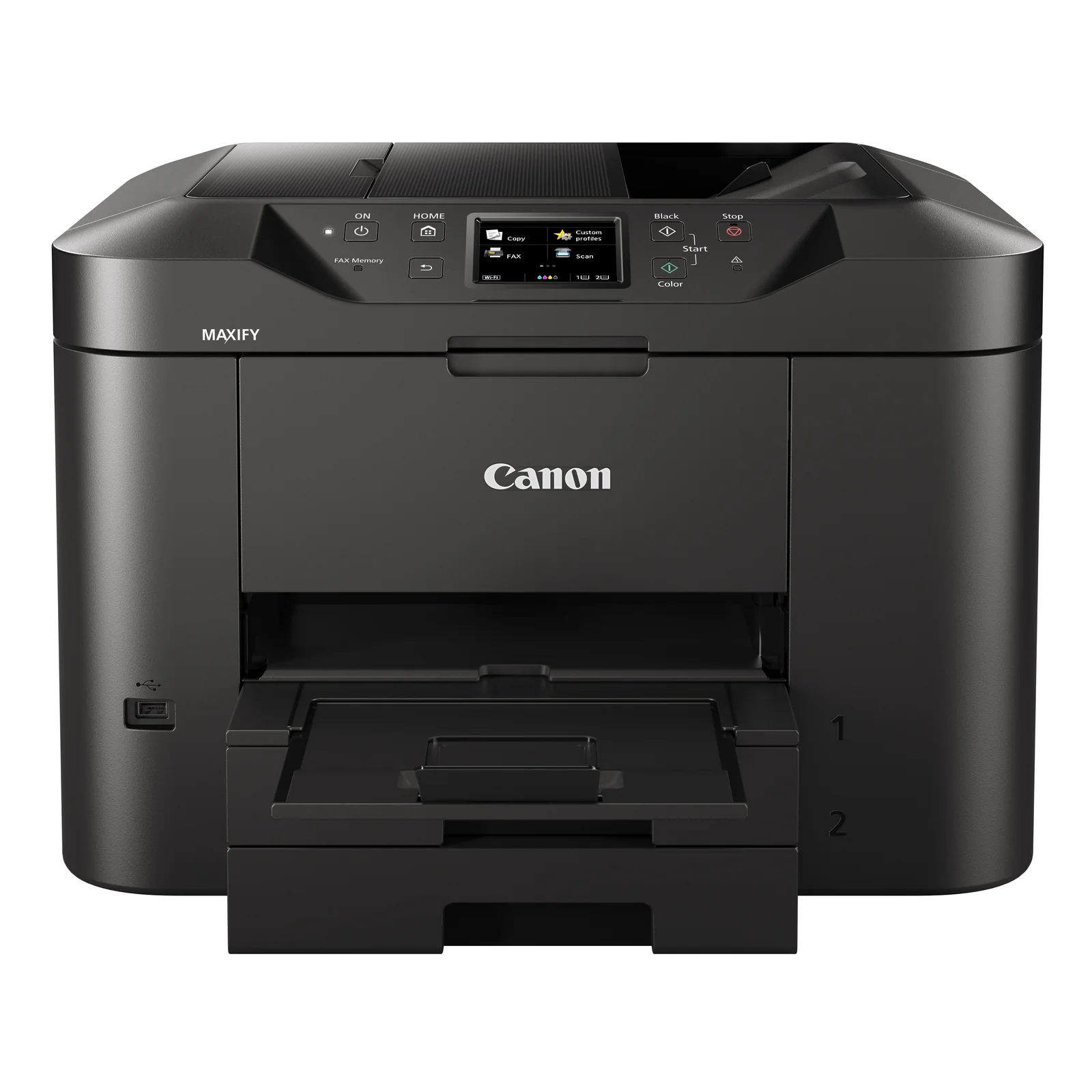 Canon MAXIFY MB2750 vu de face avec bac de sortie ouvert et logo Canon argenté sur la façade