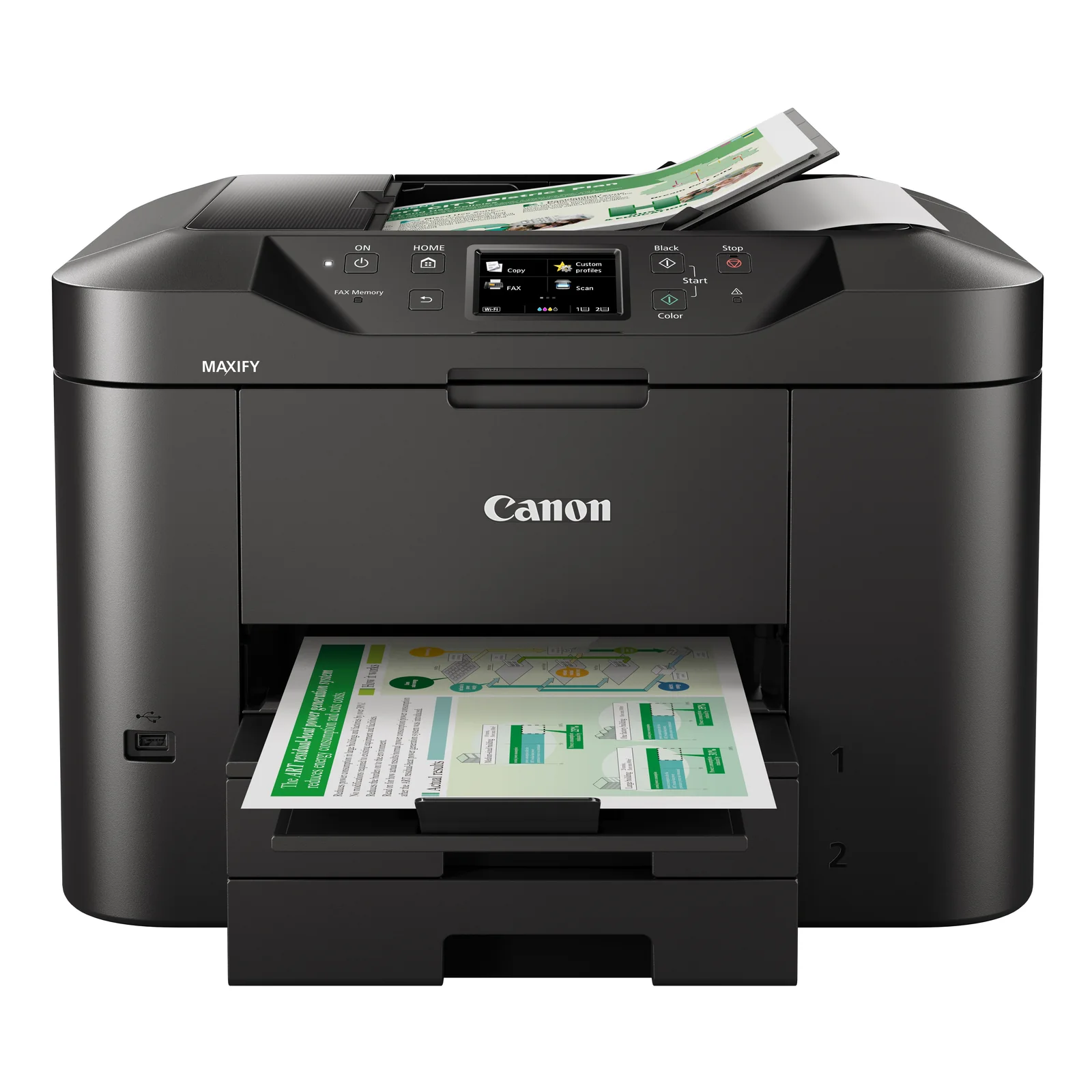 Canon MAXIFY MB2750 de face en cours d'impression d'un document couleur sortant du bac avant