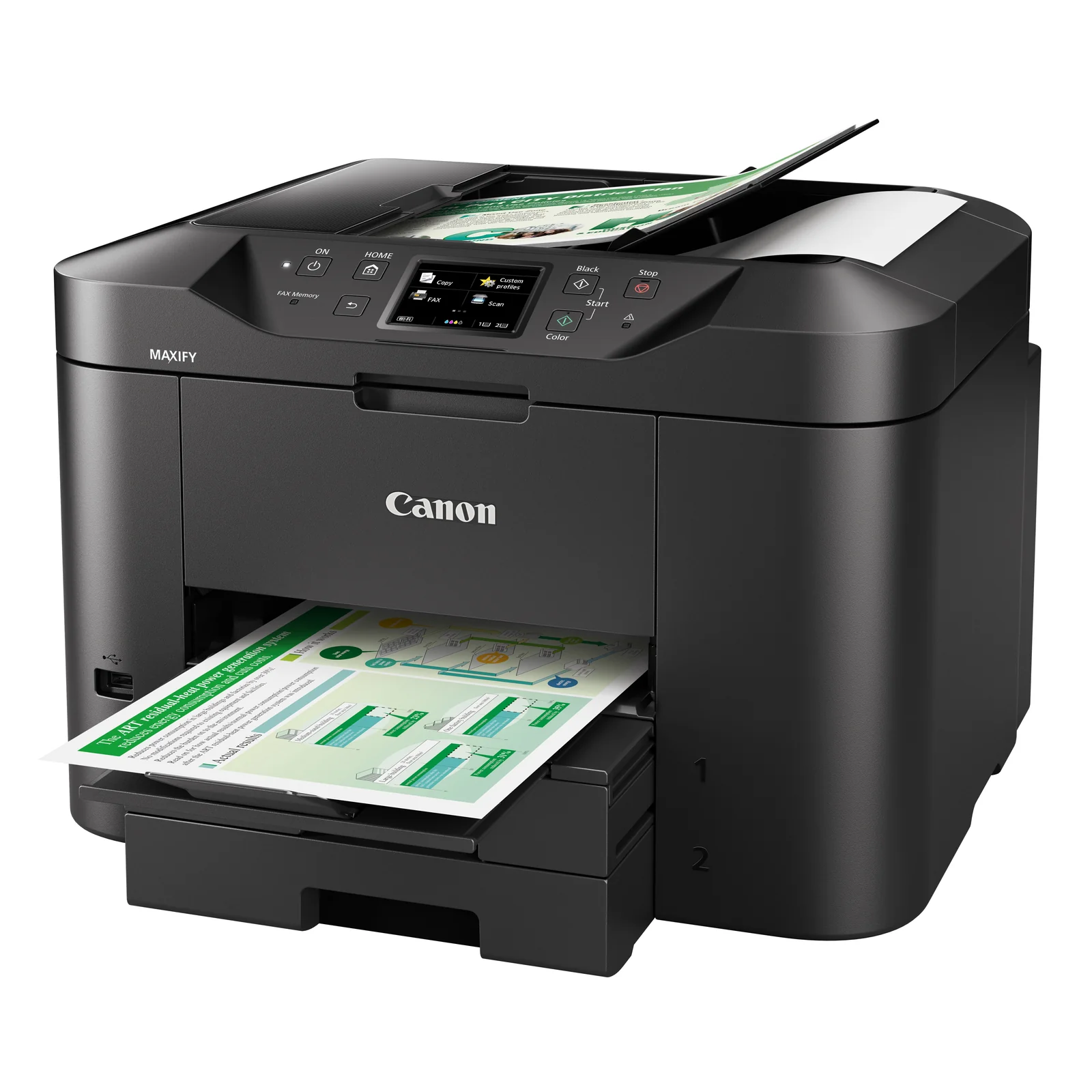 Canon MAXIFY MB2750 en perspective trois quarts éjectant un document couleur, autre feuille visible dans le chargeur ADF
