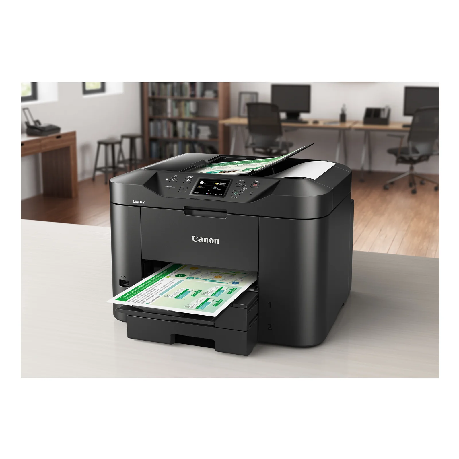 Canon MAXIFY MB2750 en situation sur un bureau blanc dans un bureau partagé avec étagères et chaises en arrière-plan