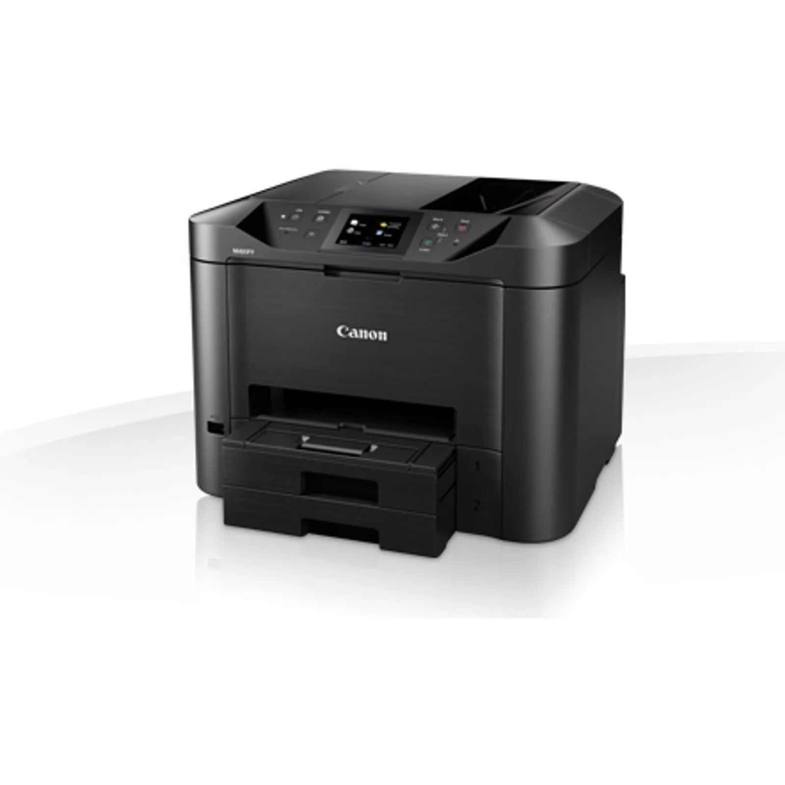 Canon MAXIFY MB5450 vu de trois quarts droit avec deux cassettes papier numérotées 1 et 2