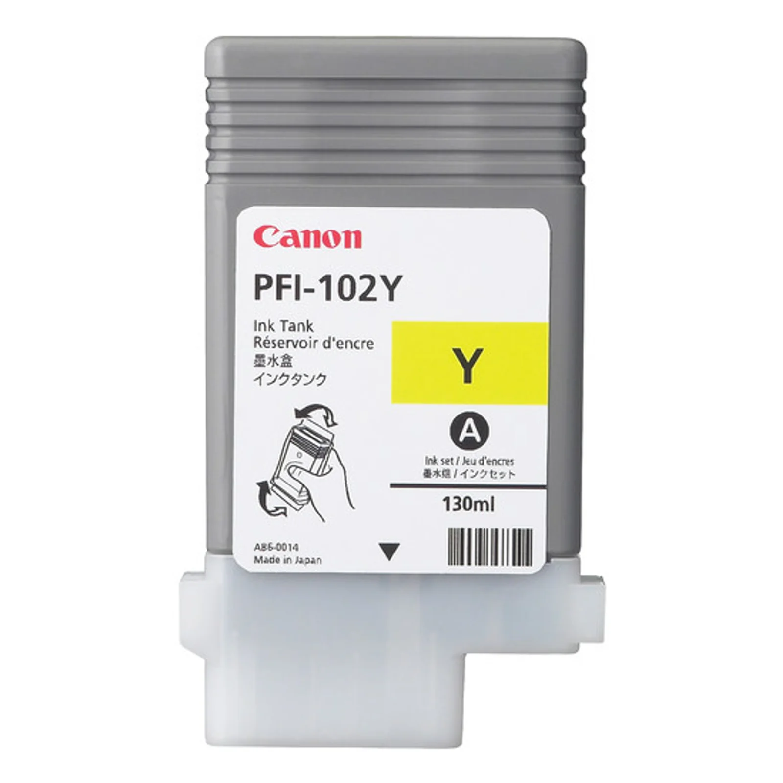 Cartouche Canon PFI-102Y vue de face, étiquette blanche logo rouge Canon et carré jaune Y, capacité 130 ml