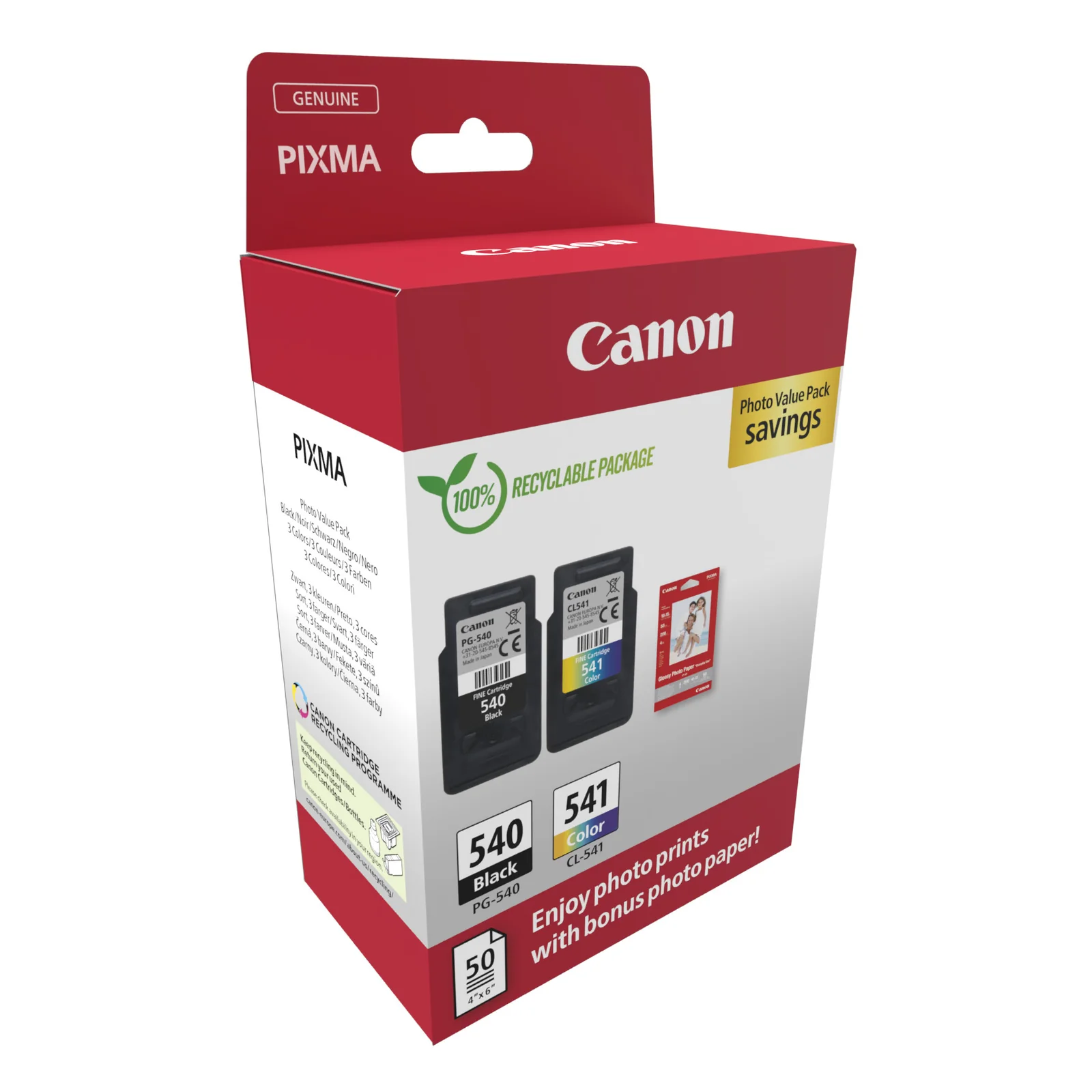 Vue de trois quarts du conditionnement Canon Photo Value Pack, avec mention d'emballage 100 pour cent recyclable et 50 feuilles 10x15 cm