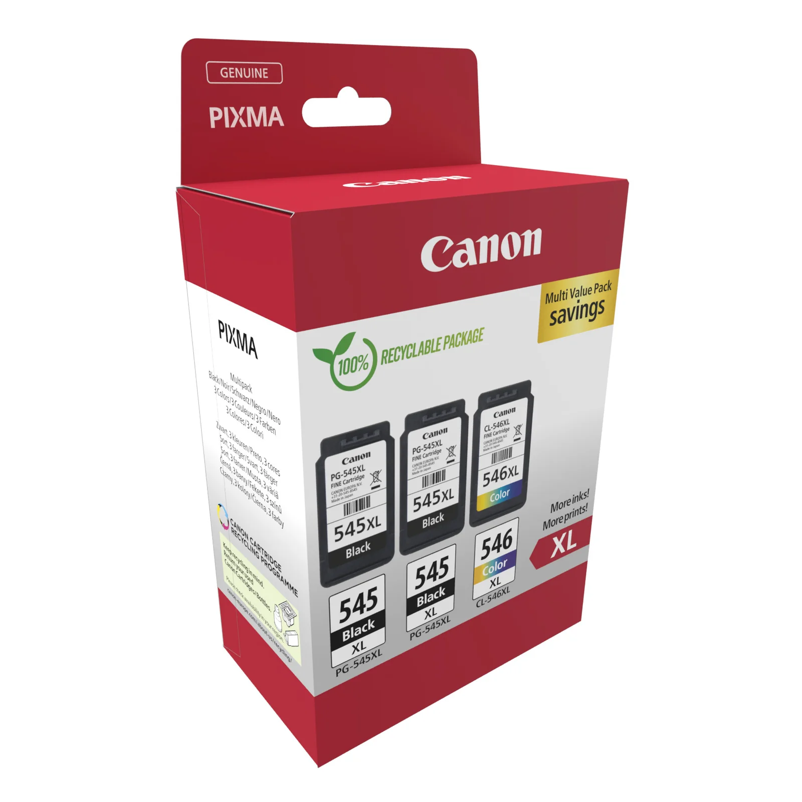 Boîte Canon Multi Pack PG-545XL et CL-546XL XL vue de face, mention emballage 100 pour cent recyclable et savings More inks More prints