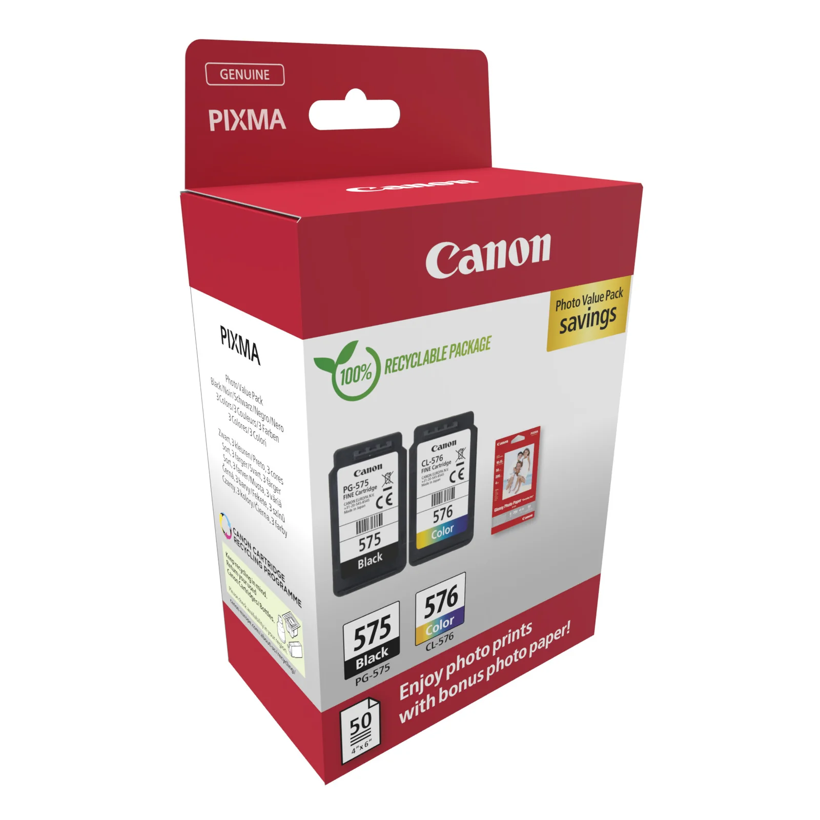 Vue de trois quarts du conditionnement Canon Photo Value Pack PG-575 et CL-576, avec mention d'emballage 100 pour cent recyclable