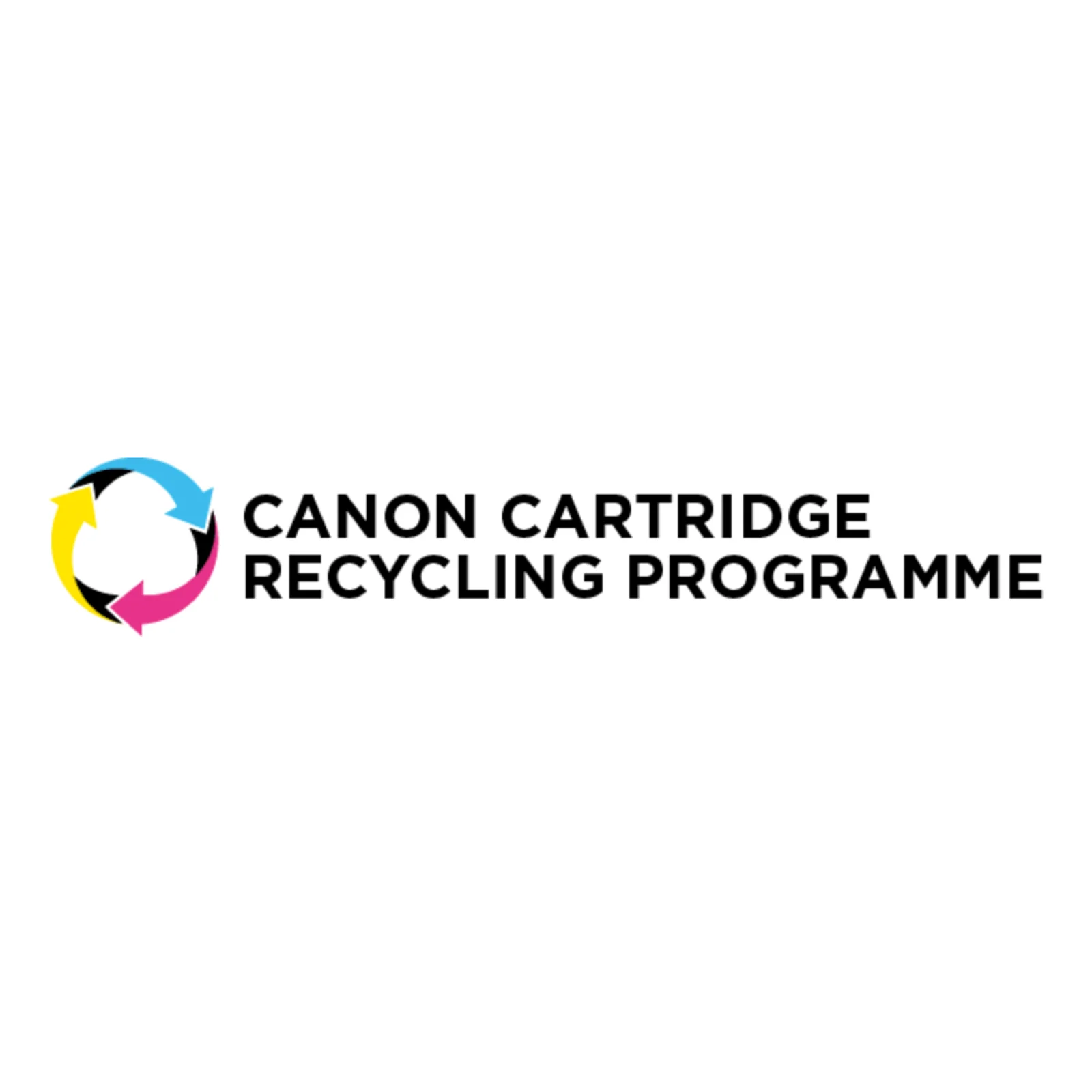 Logo du programme de recyclage des cartouches Canon, flèches circulaires cyan, jaune et magenta autour d'un cercle blanc