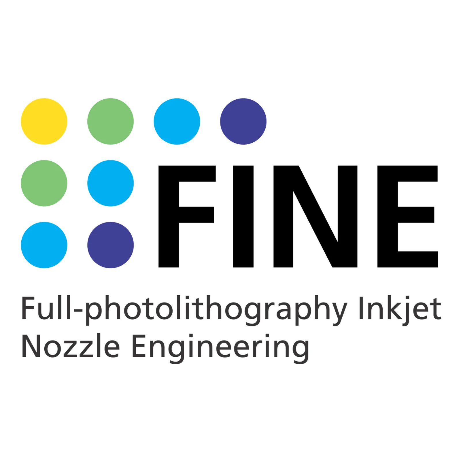 Logo de la technologie FINE de Canon, gouttes colorées en grille à côté du sigle Full-photolithography Inkjet Nozzle Engineering