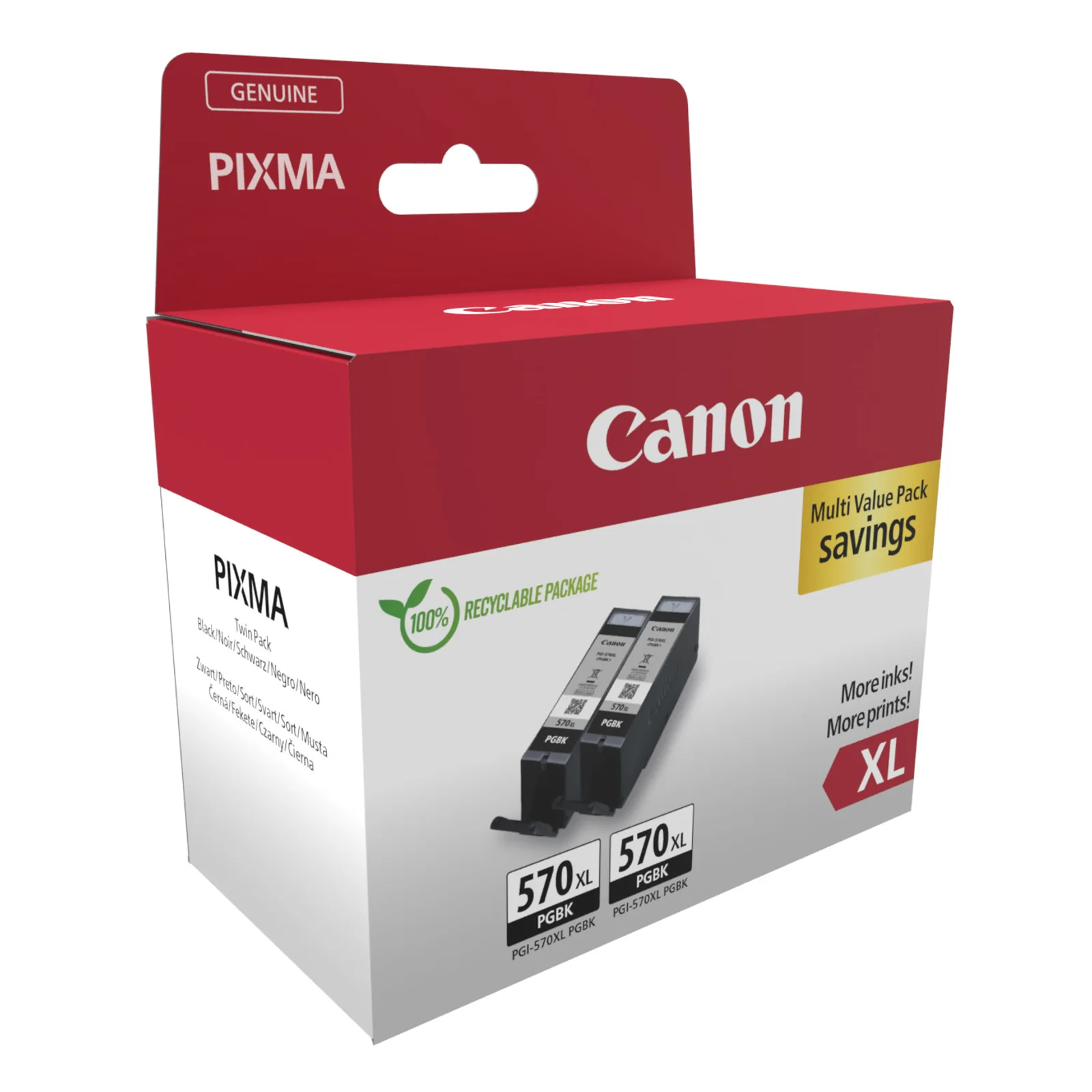 Vue trois quarts de l'emballage Canon Multi Value Pack PGI-570XL PGBK avec mention 100 % recyclable