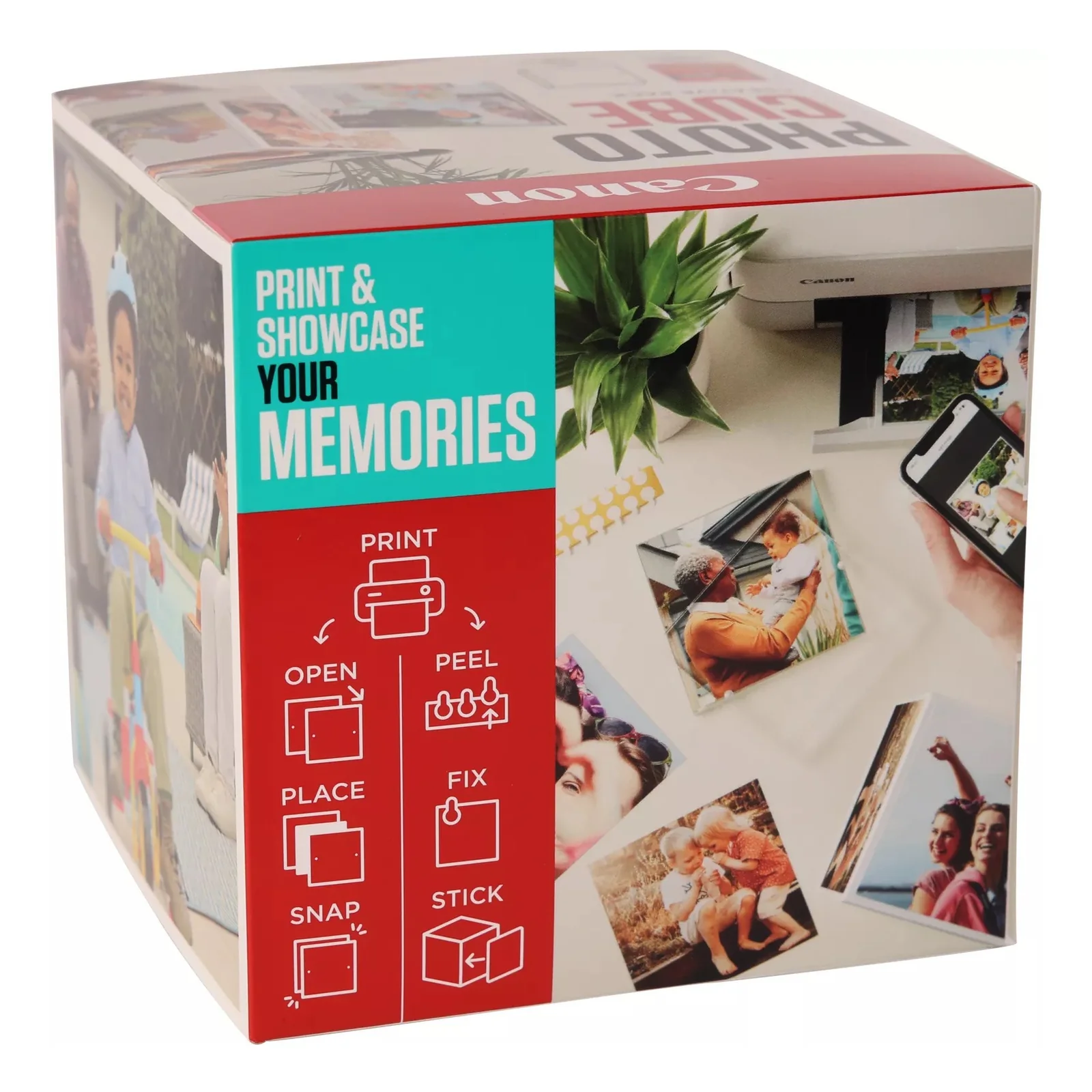 Coffret Canon PP-201 bleu vu de côté avec étapes d'assemblage du cube photo