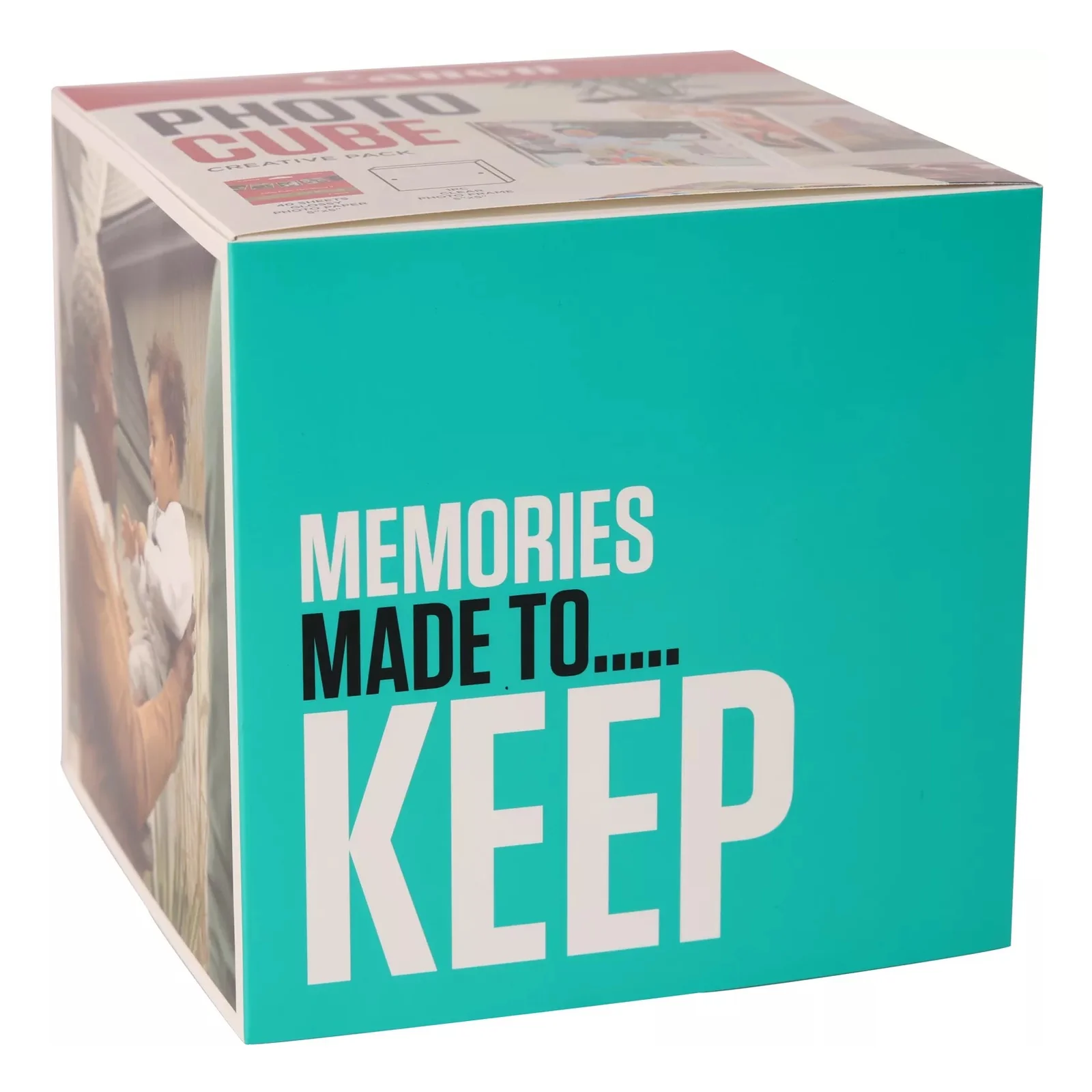 Face latérale bleue du coffret Canon Photo Cube avec slogan Memories Made to Share