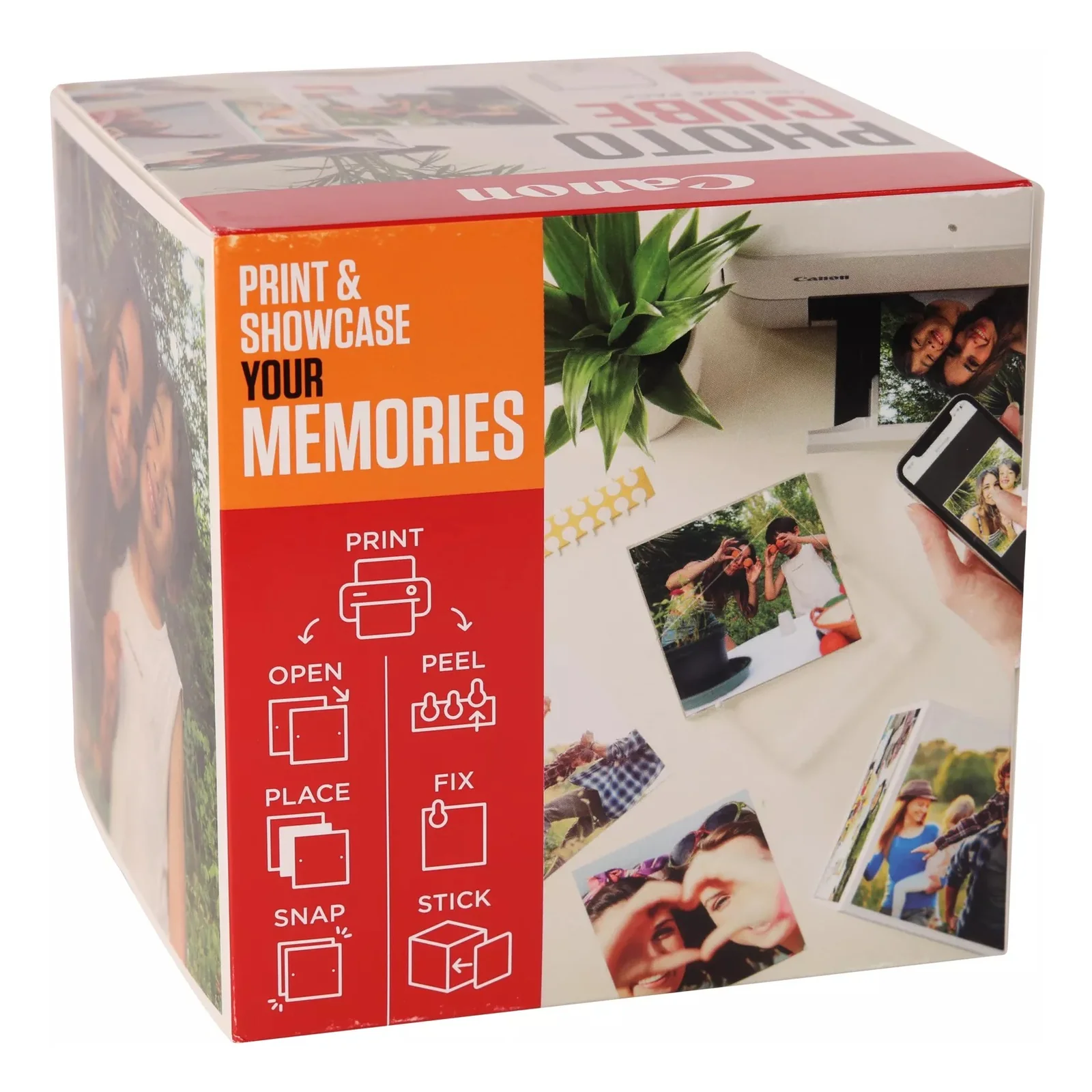 Coffret Canon PP-201 orange vu de côté avec étapes d'assemblage du cube photo