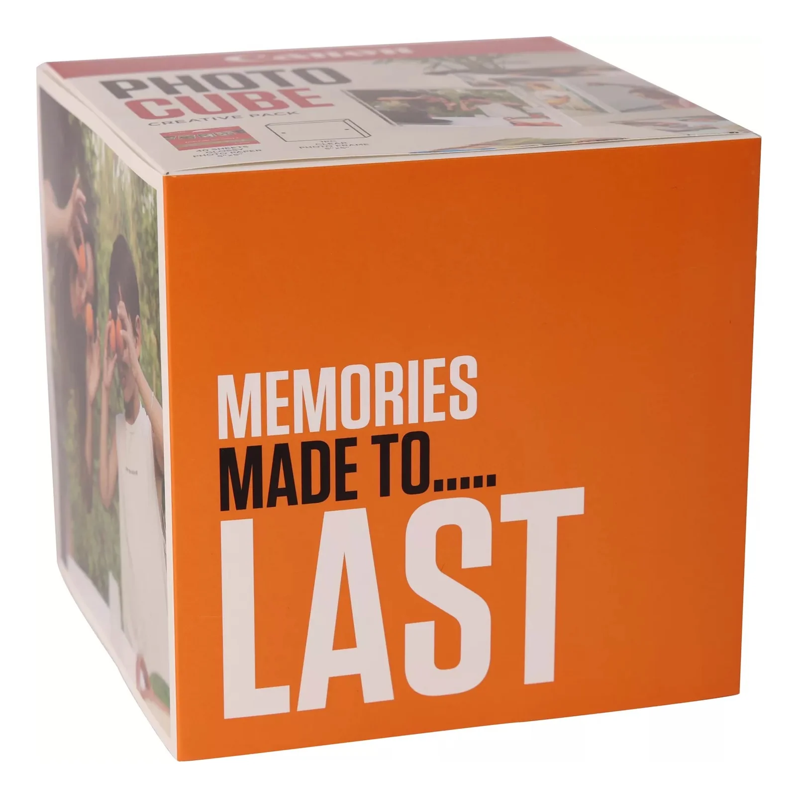 Face latérale orange du coffret Canon Photo Cube avec slogan Memories Made to Share