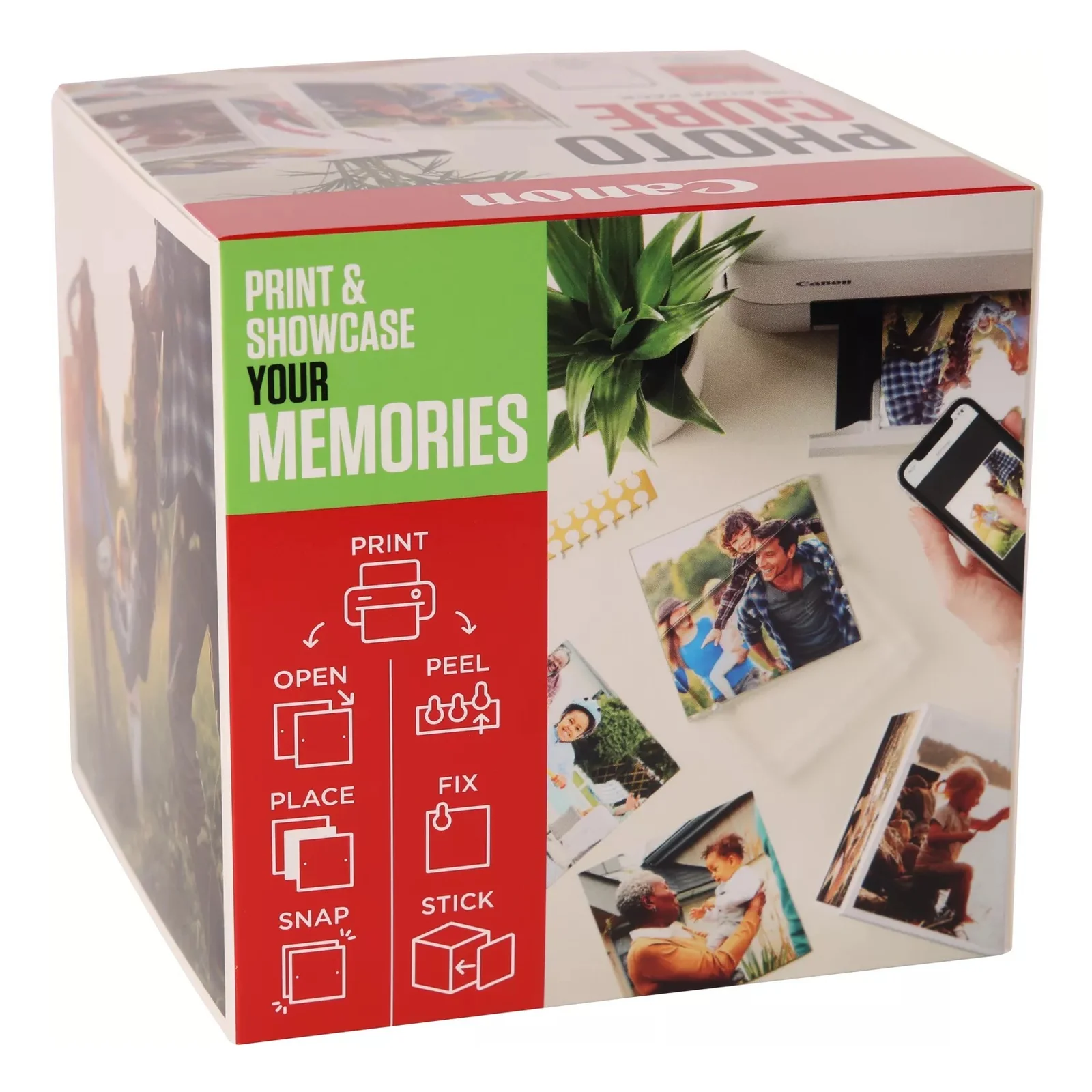 Coffret Canon PP-201 vert vu de côté avec étapes d'assemblage du cube photo