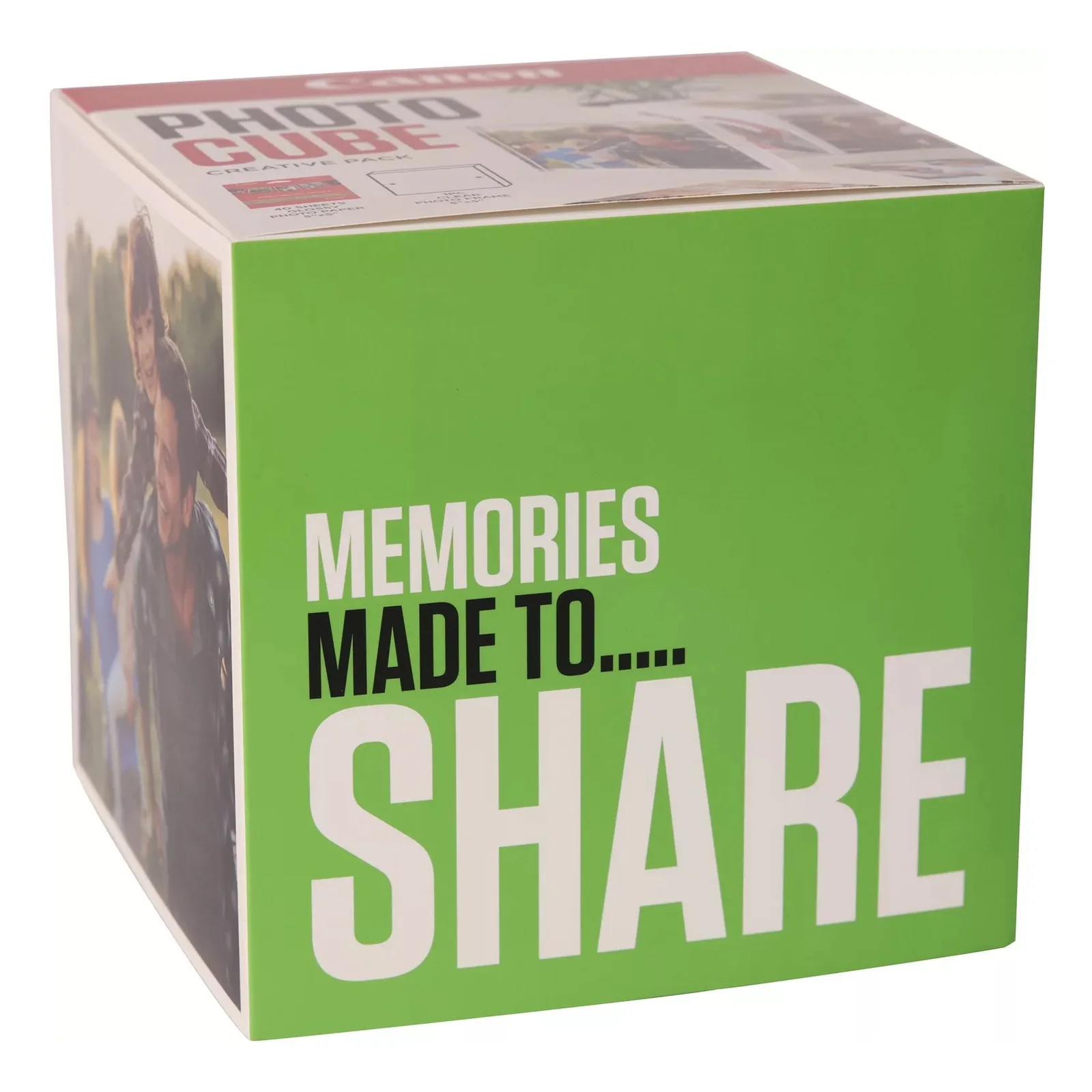Face latérale verte du coffret Canon Photo Cube avec slogan Memories Made to Share