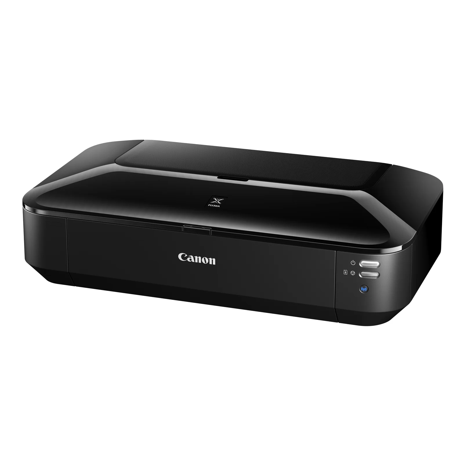 Imprimante Canon PIXMA iX6850 noire en vue trois quarts capot fermé sur fond blanc
