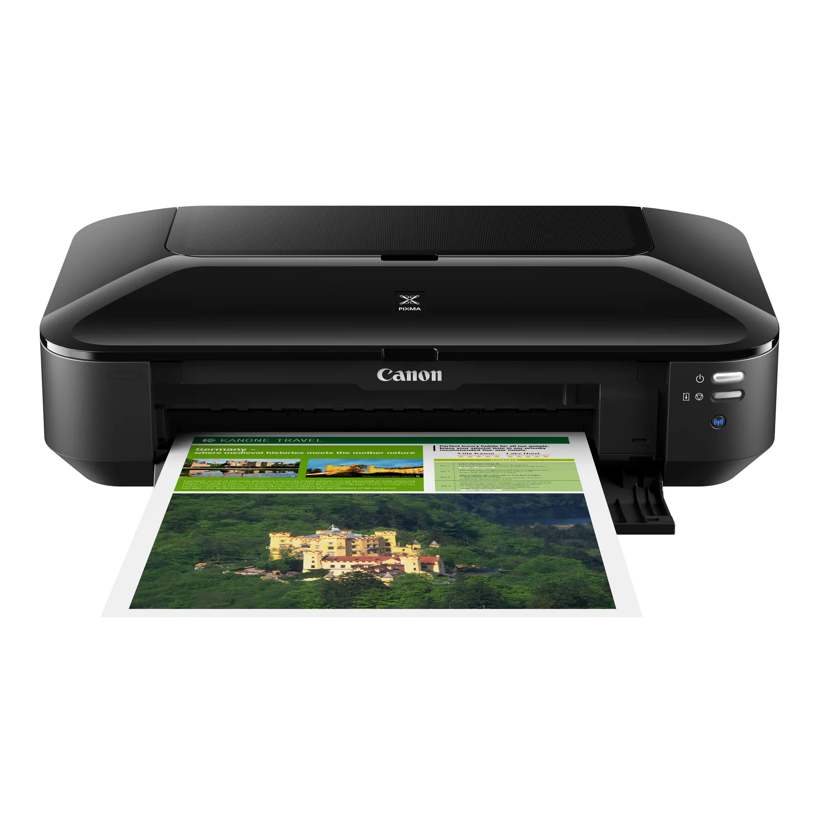 Canon PIXMA iX6850 imprimant un document brochure A3 en couleur avec photo de paysage