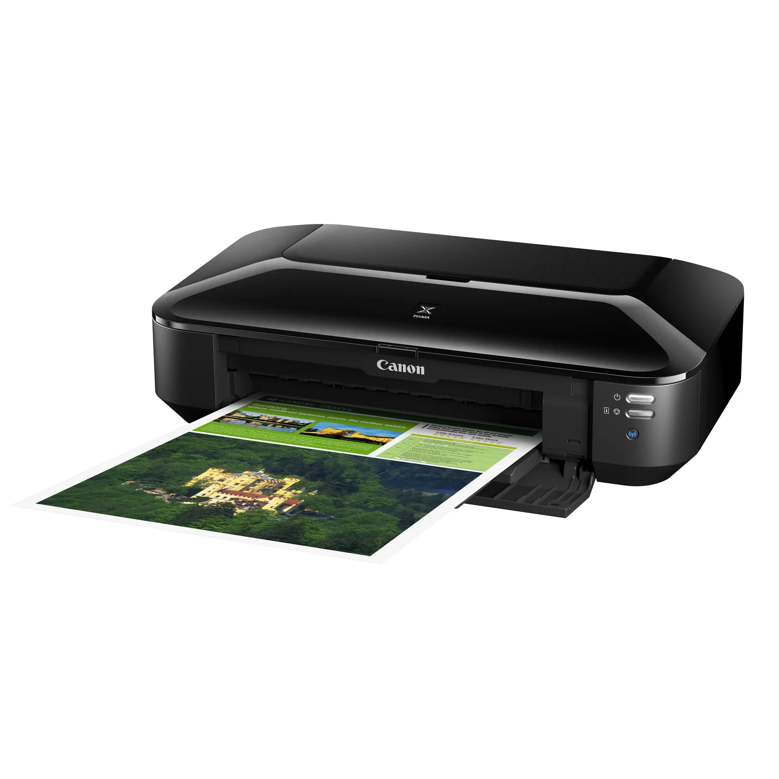 Canon PIXMA iX6850 vue trois quarts en cours d'impression d'une brochure photo A3