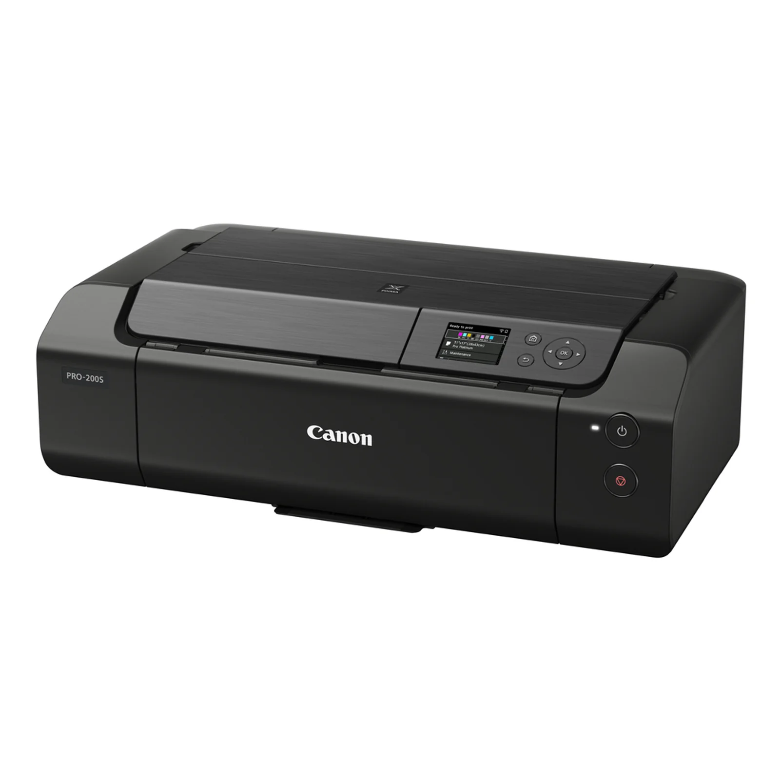 Imprimante photo Canon PIXMA PRO-200S noire en vue trois quarts droite, bandeau métal brossé sur le capot