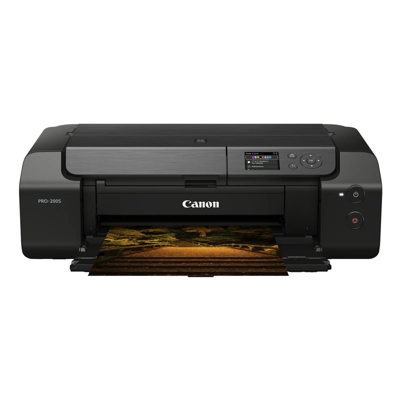 PIXMA PRO-200S de face avec tirage photo couleur d'un chemin forestier sortant du bac avant