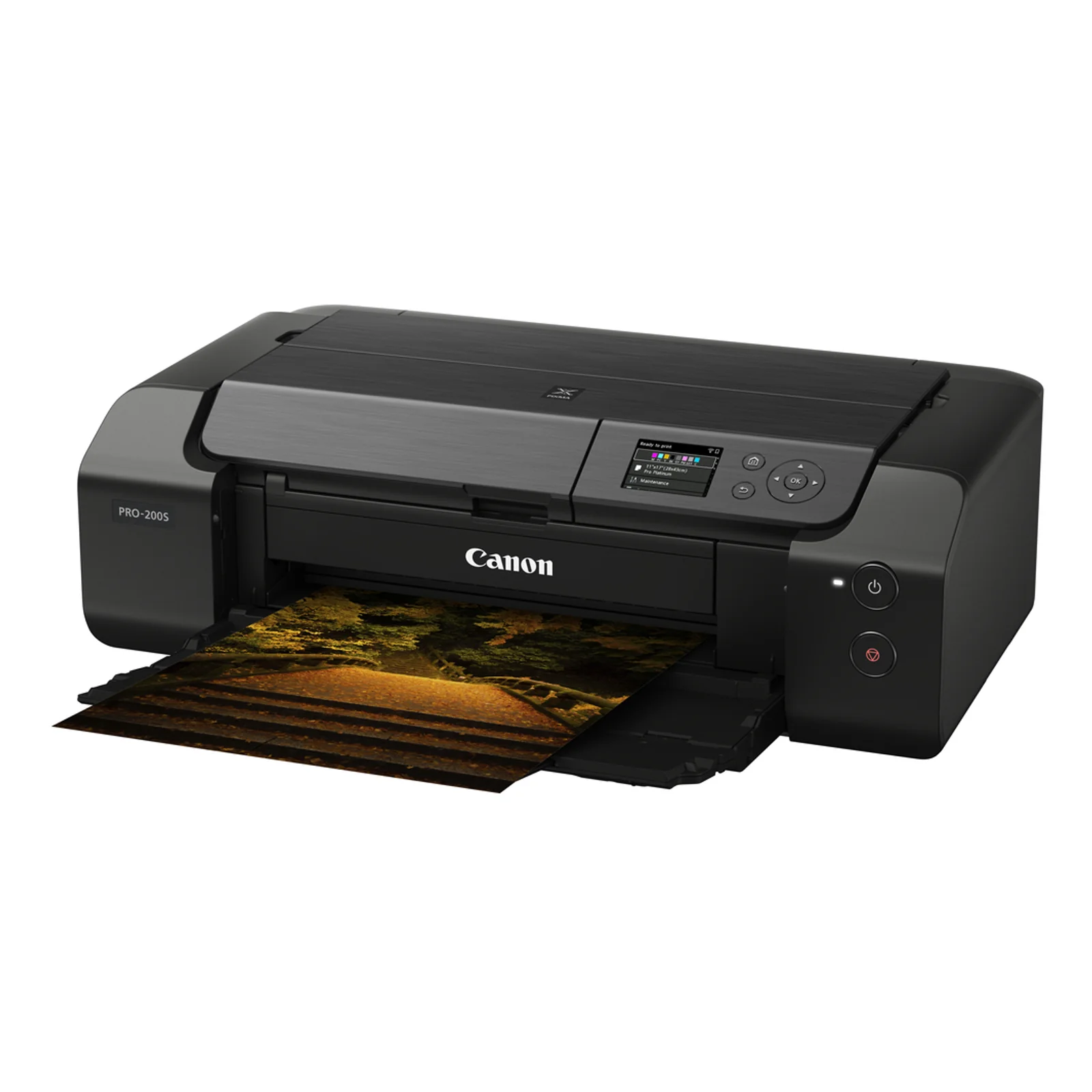 Canon PRO-200S vue trois quarts produisant un tirage photo nature aux teintes orangées