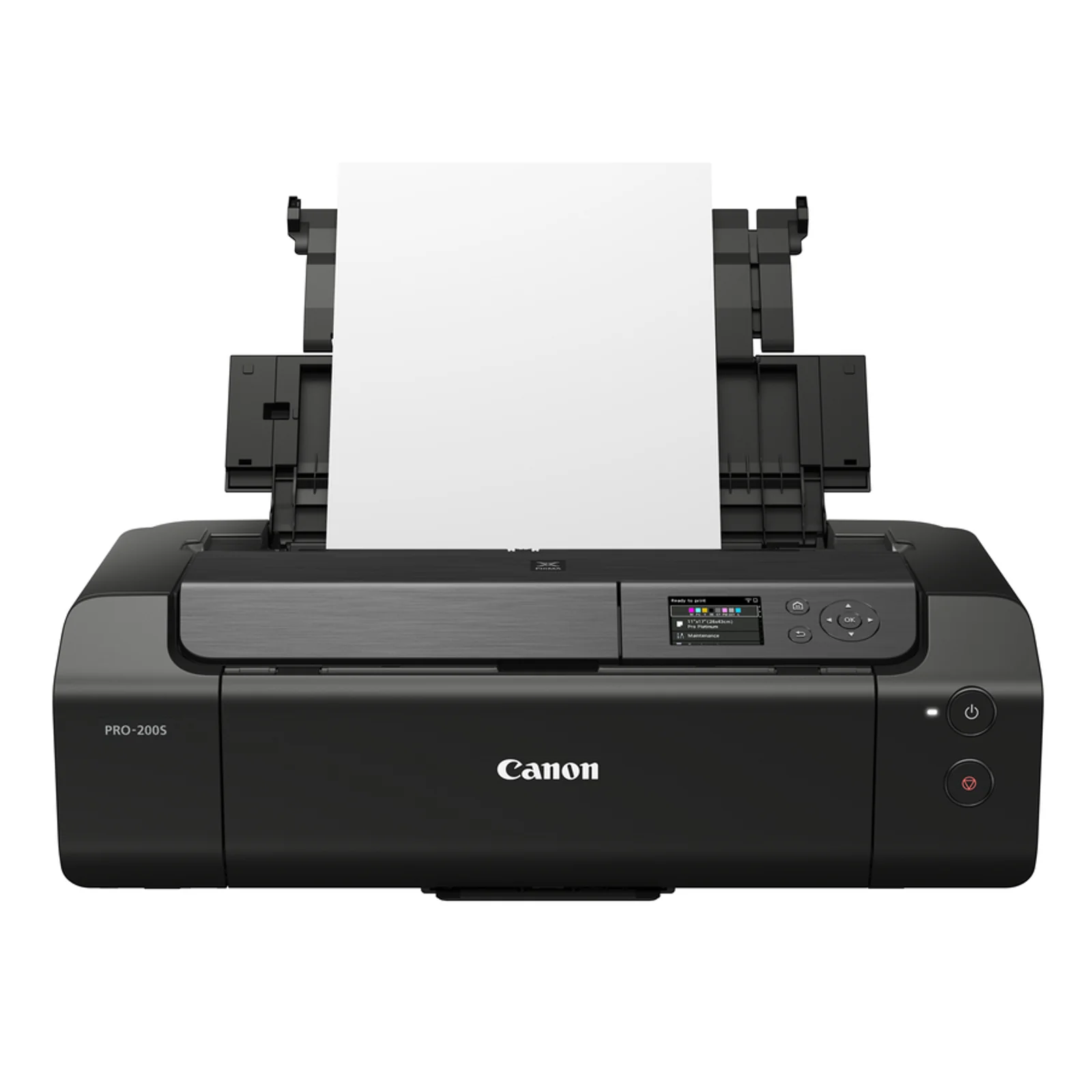 PIXMA PRO-200S avec bac arrière ouvert et feuille A3+ chargée verticalement, vue frontale