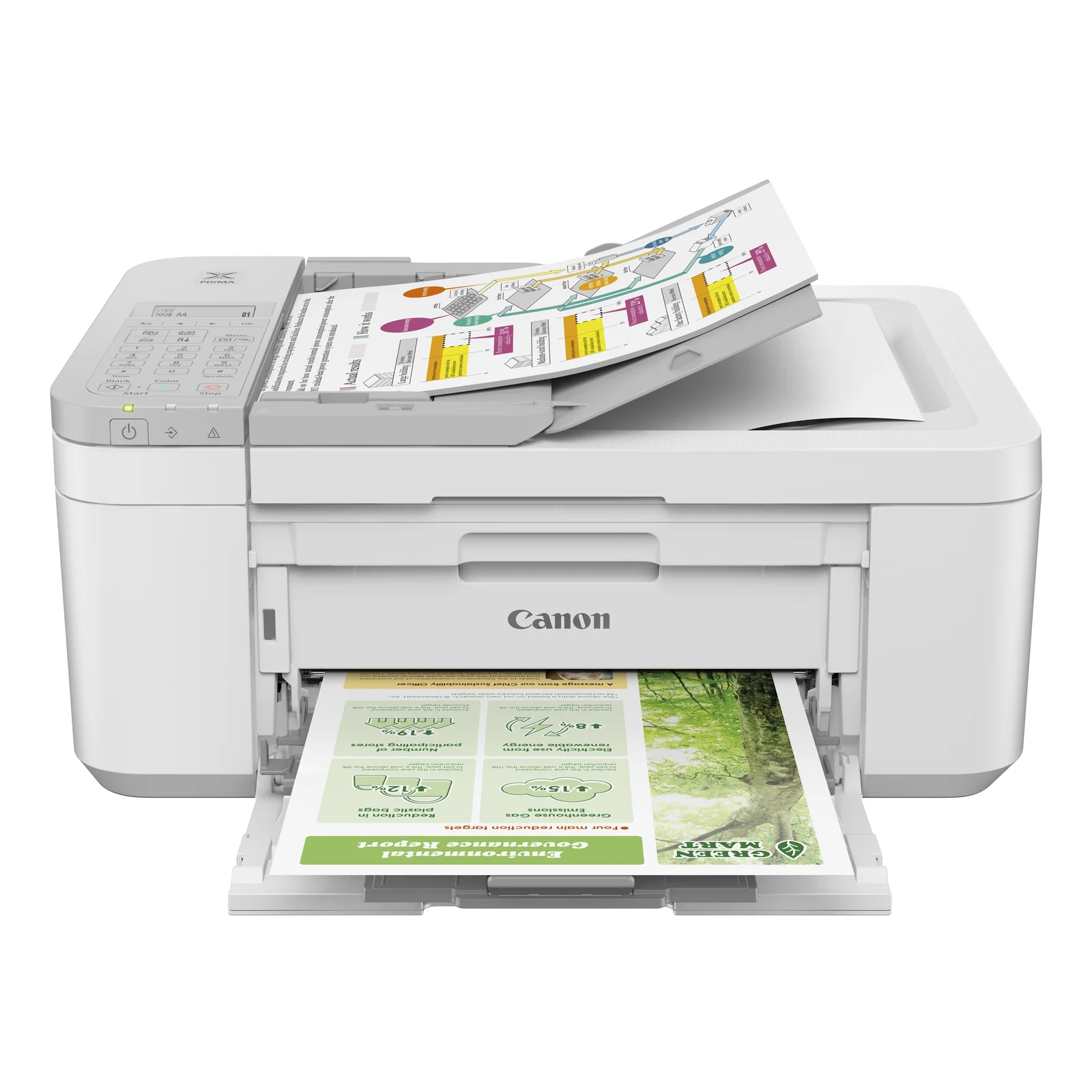 Canon PIXMA TR4756i imprimant un rapport environnemental couleur, page sortant du bac de réception